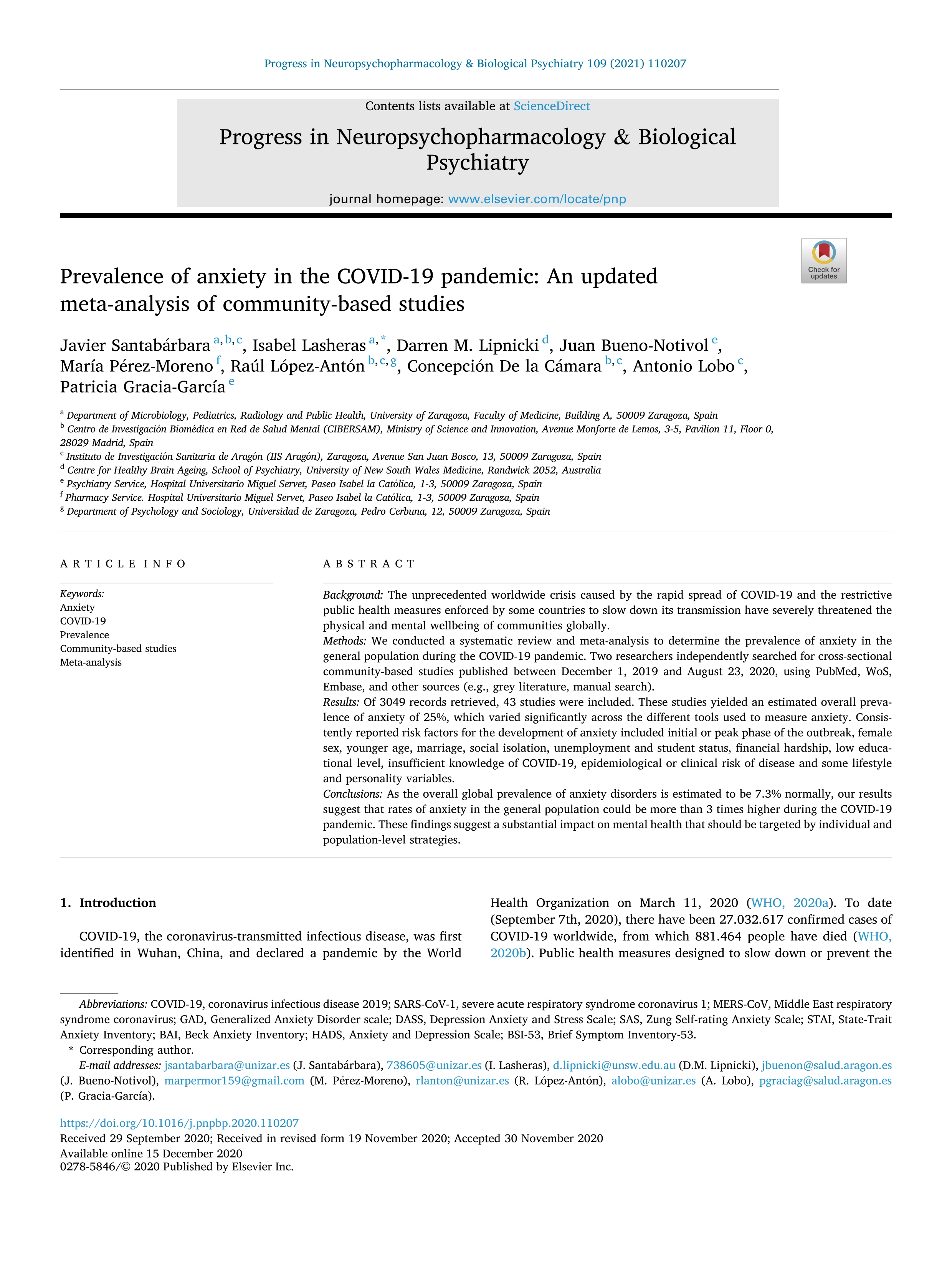 Prevalence of anxiety in the COVID-19 pandemic: An updated meta-analysis of community-based studies