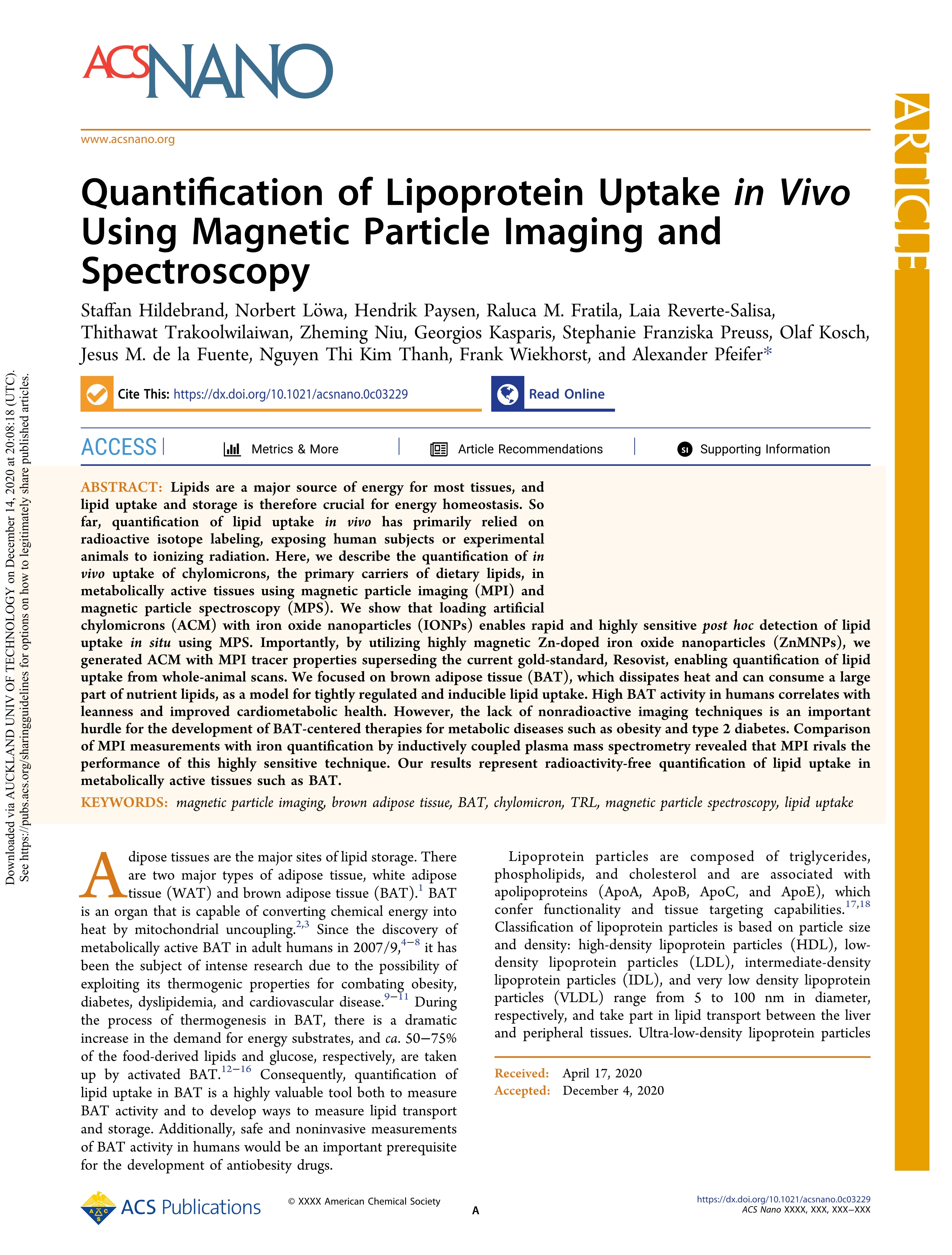 Quantification of Lipoprotein Uptake in Vivo Using Magnetic Particle Imaging and Spectroscopy