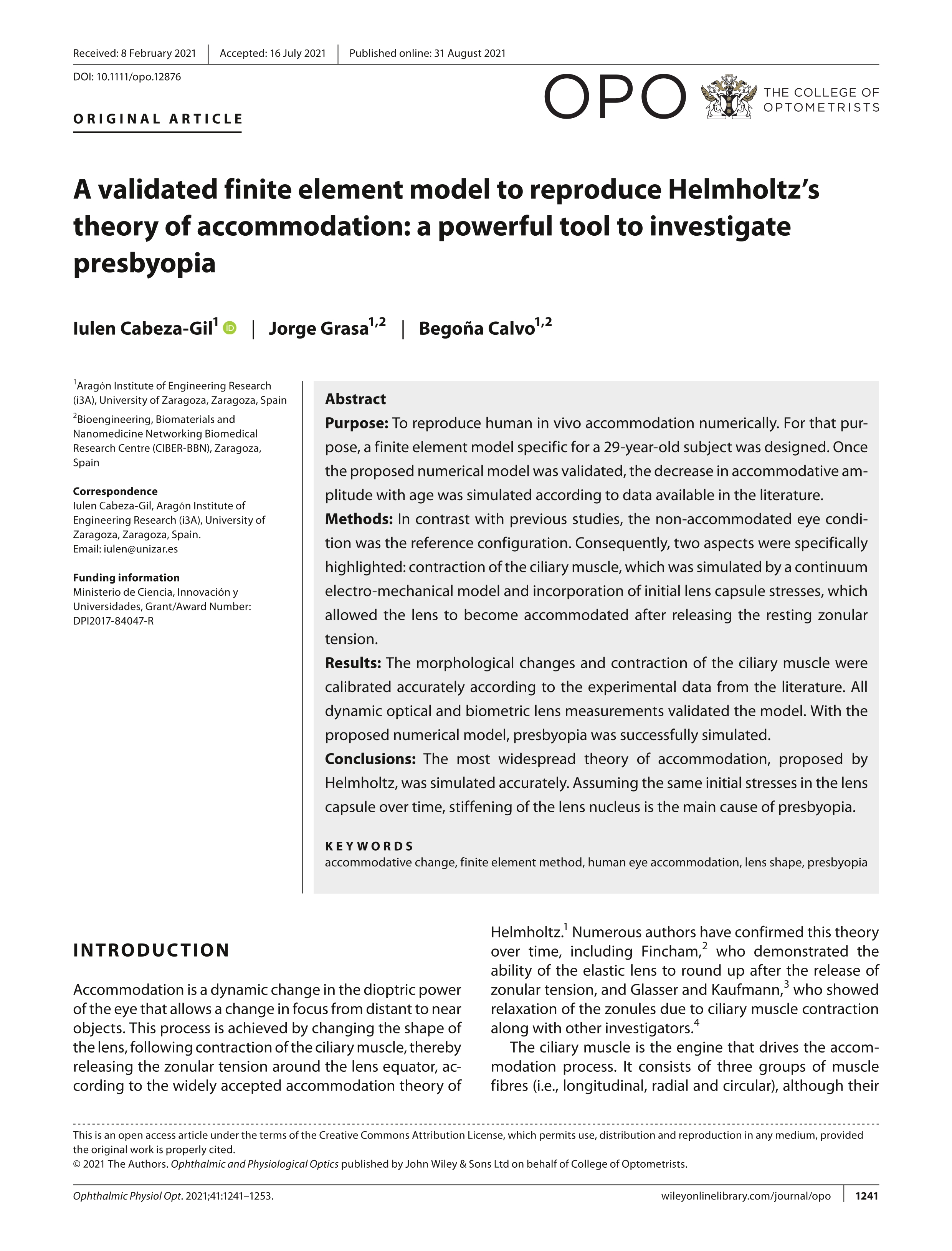 A validated finite element model to reproduce Helmholtz’s theory of accommodation: a powerful tool to investigate presbyopia