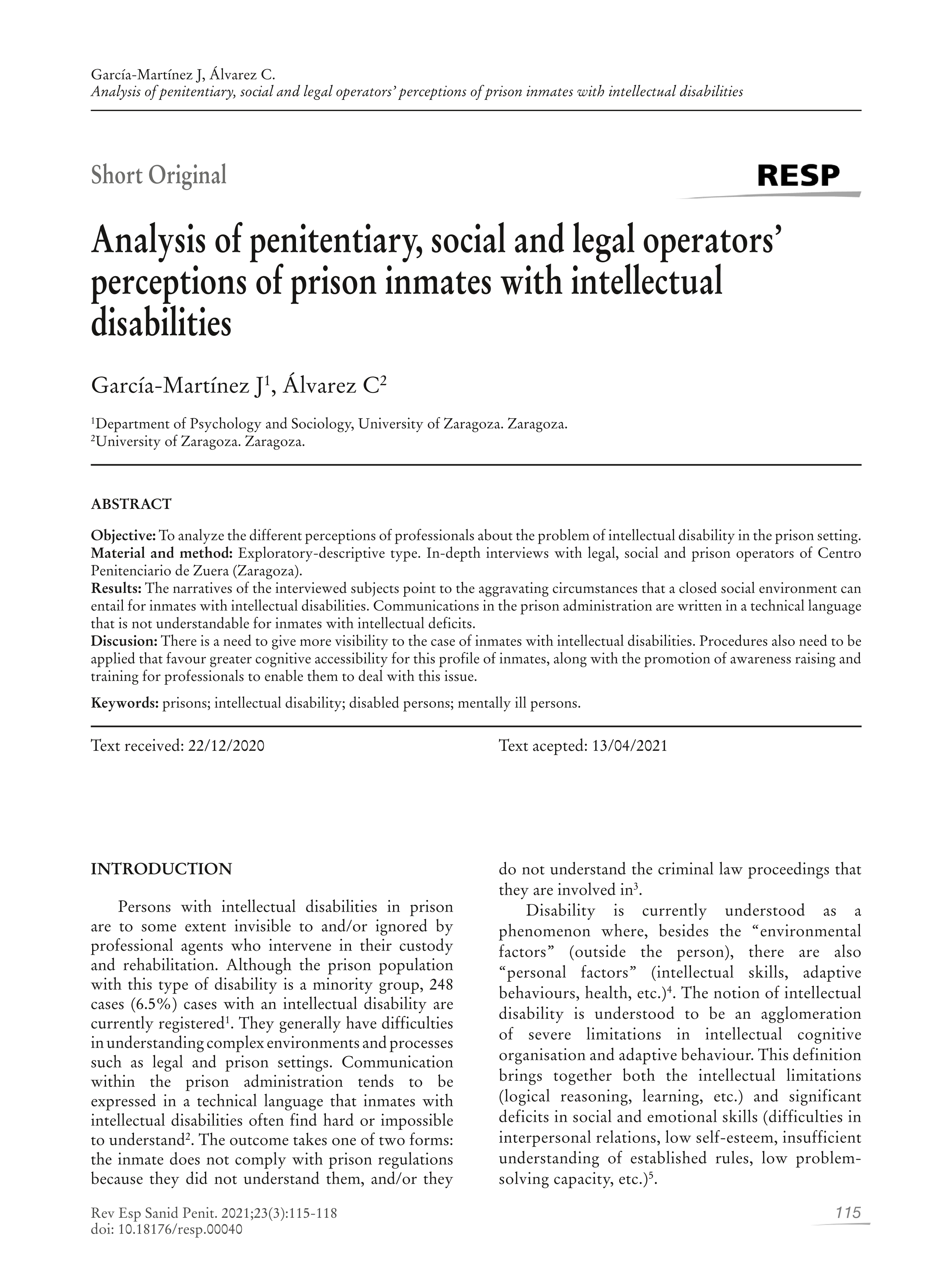 Analysis of penitentiary, social and legal operators’ perceptions of prison inmates with intellectual disabilities