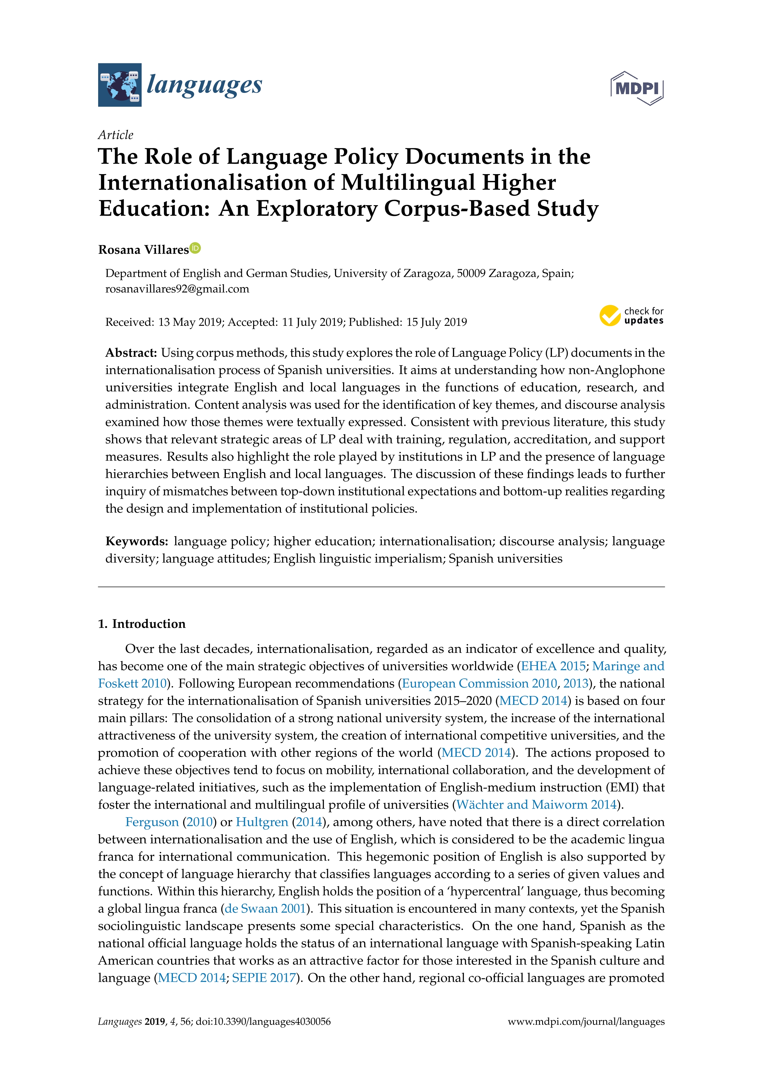 The role of language policy documents in the internationalisation of multilingual higher education: an exploratory corpus-based study
