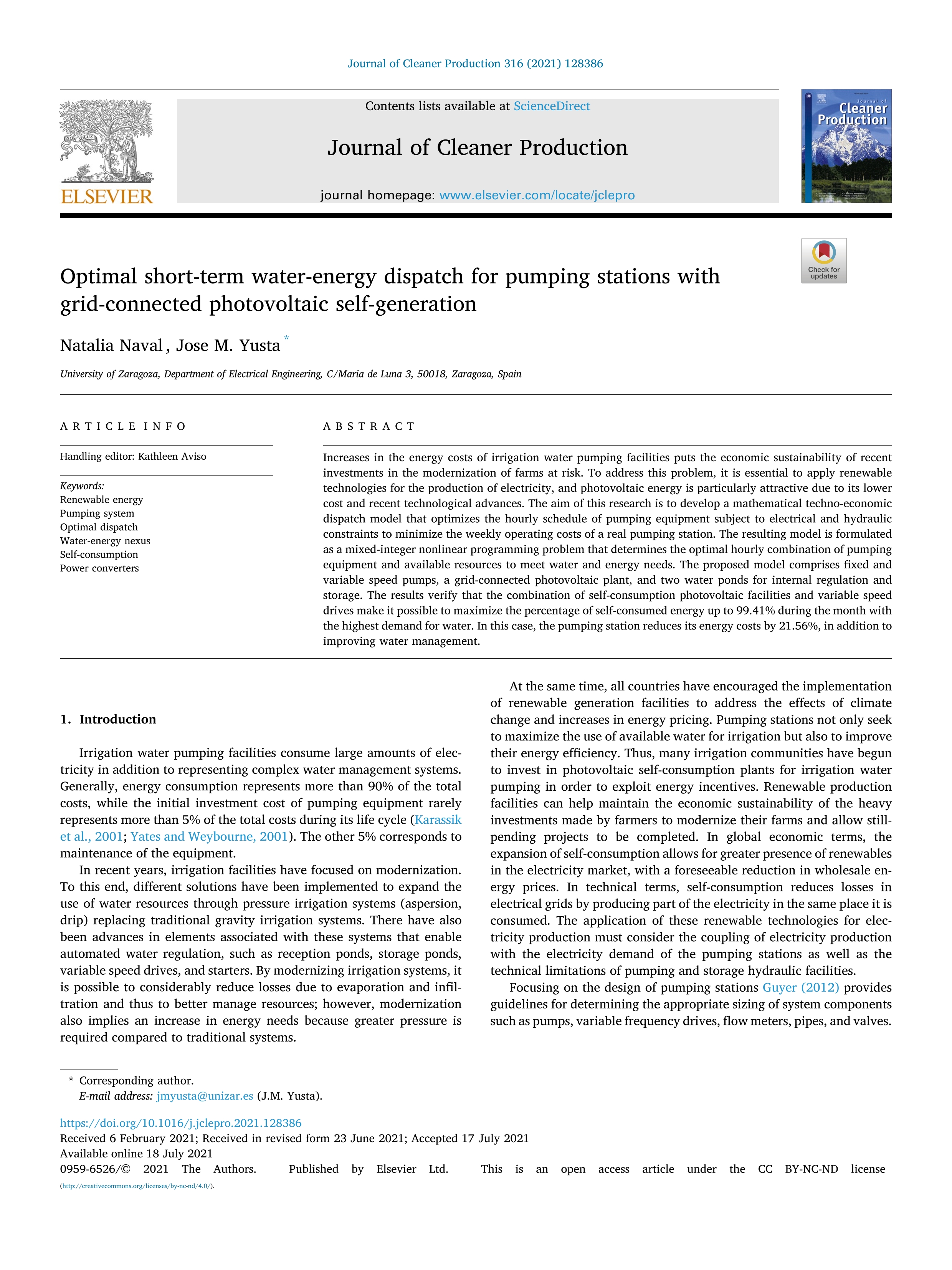 Optimal short-term water-energy dispatch for pumping stations with grid-connected photovoltaic self-generation