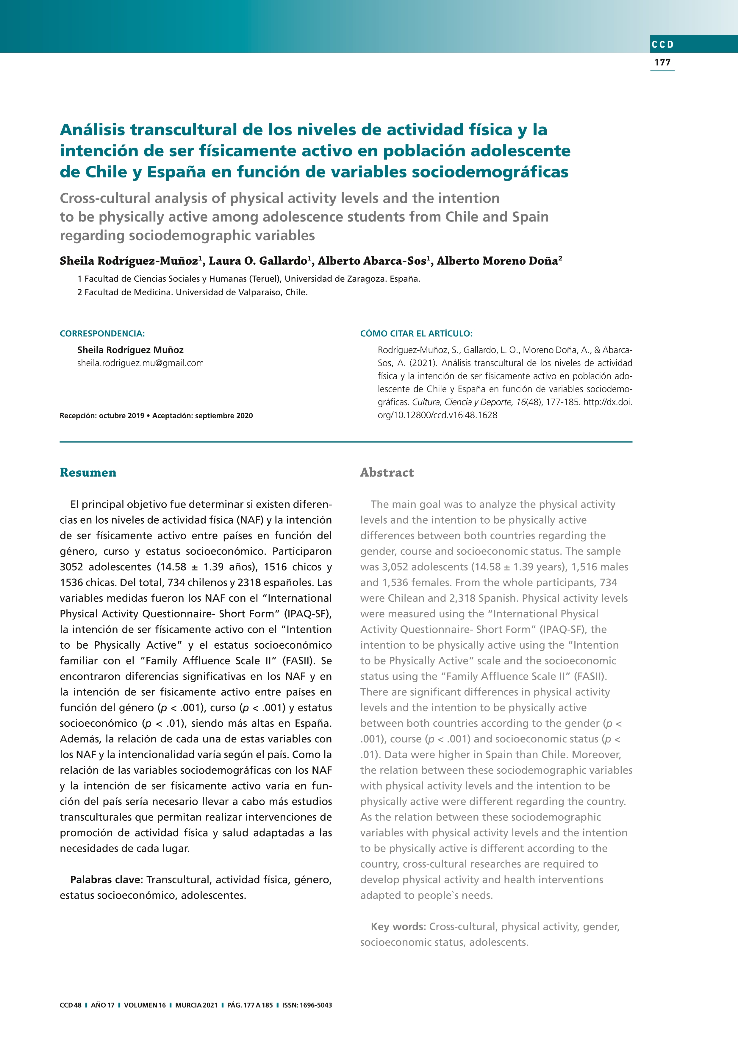 Análisis transcultural de los niveles de actividad física y la intención de ser físicamente activo en población adolescente de Chile y España en función de variables sociodemográficas