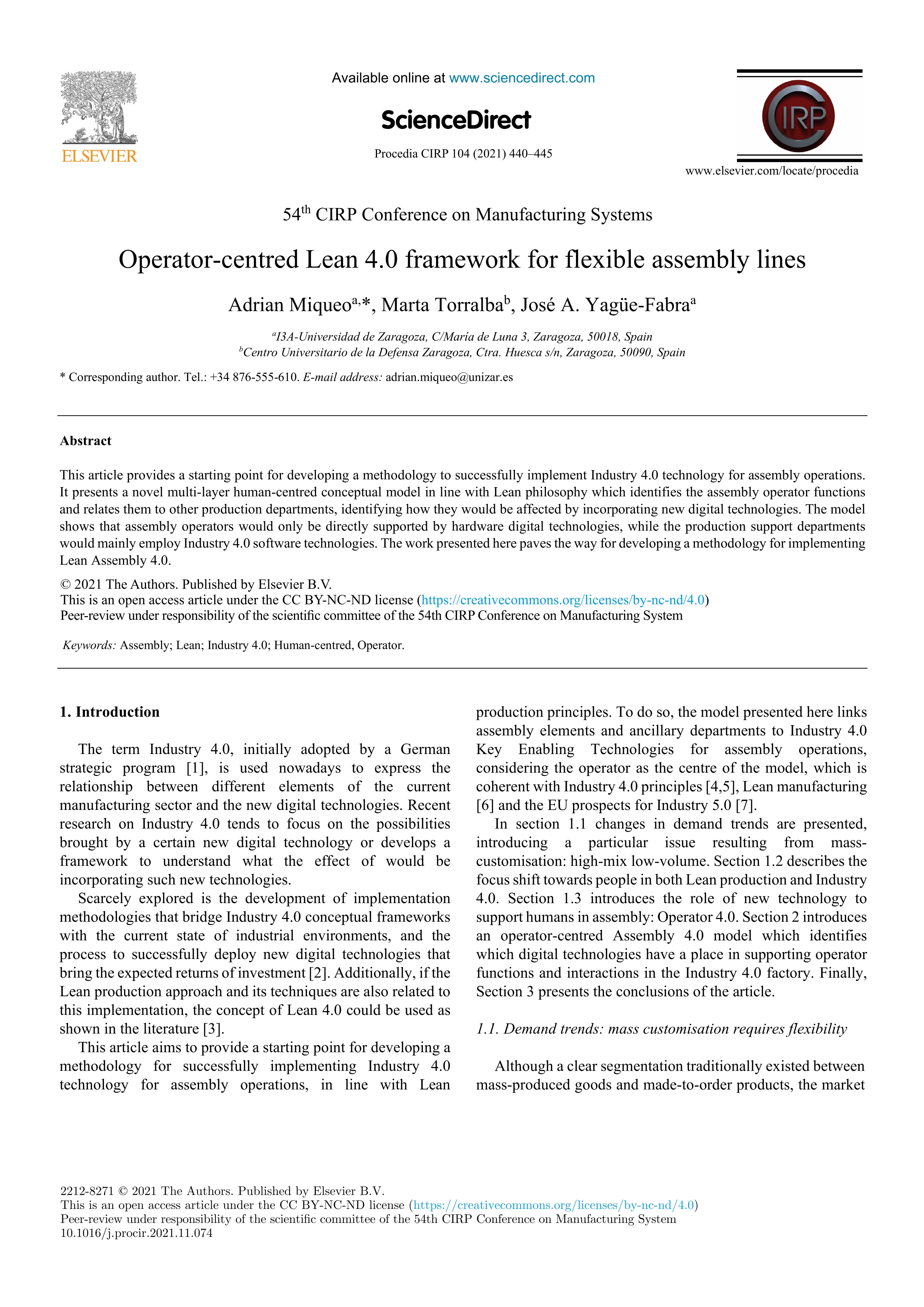 Operator-centred Lean 4.0 framework for flexible assembly lines