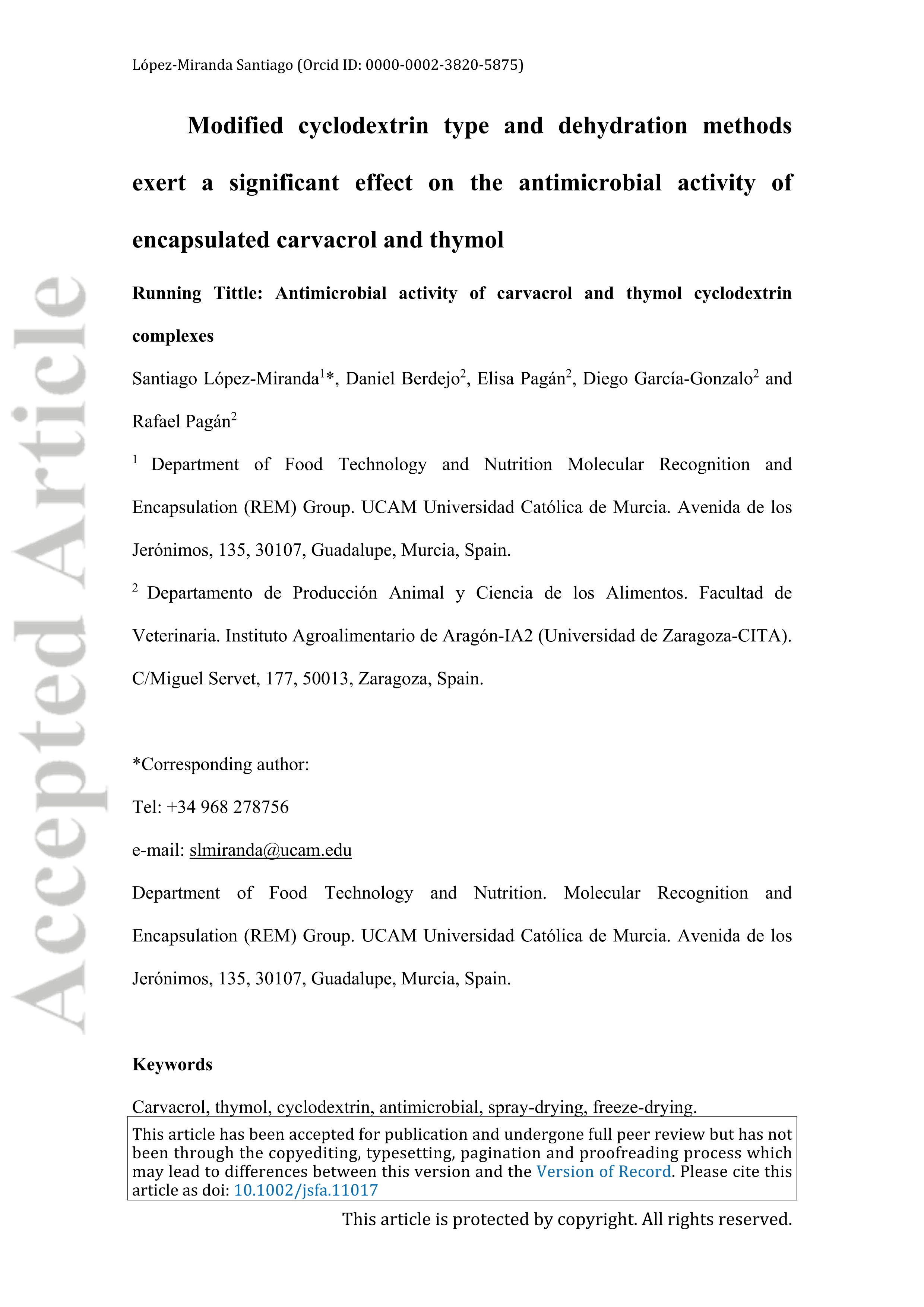 Modified cyclodextrin type and dehydration methods exert a significant effect on the antimicrobial activity of encapsulated carvacrol and thymol