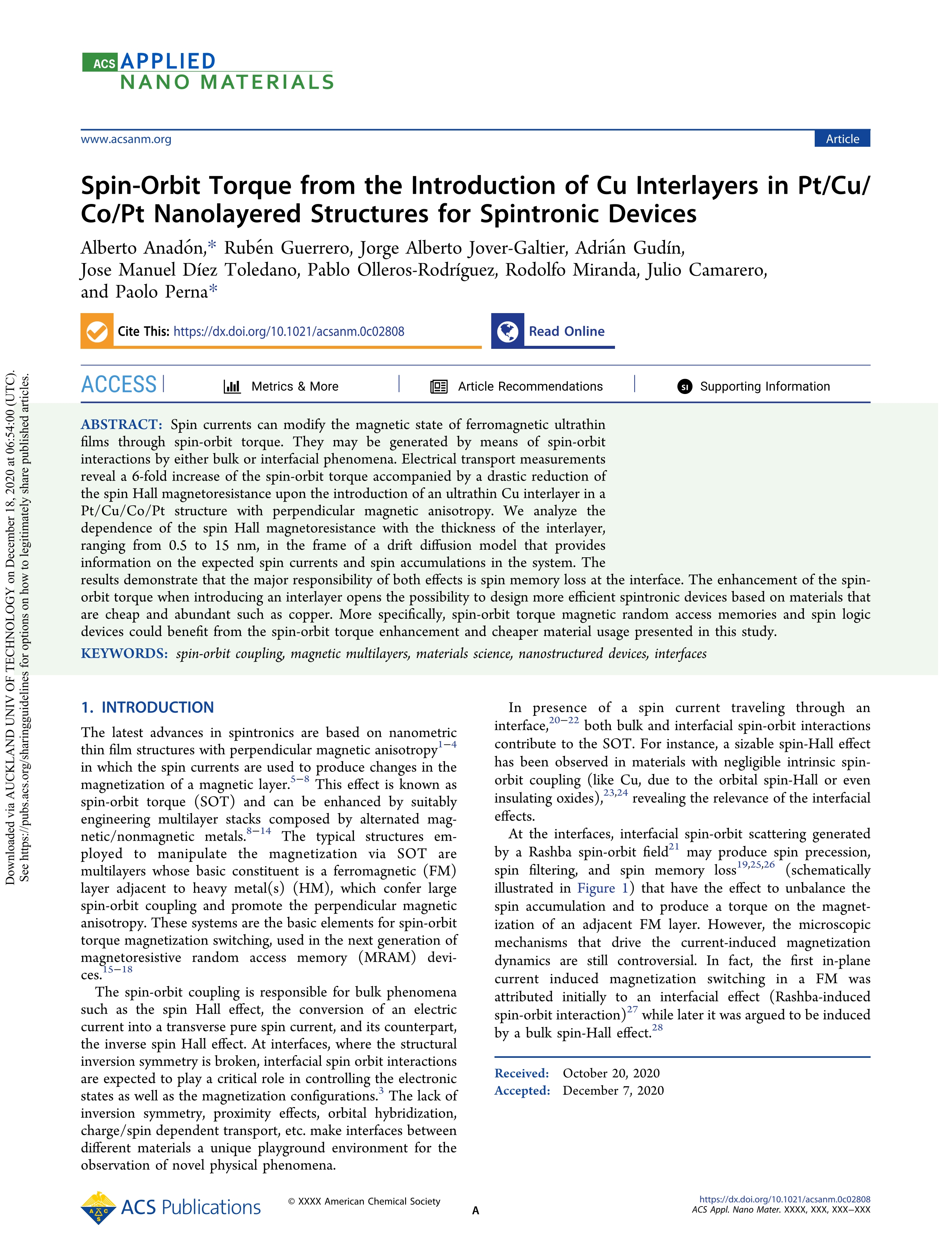 Spin-orbit torque from the introduction of Cu interlayers in Pt/Cu/Co/Pt nanolayered structures for spintronic devices