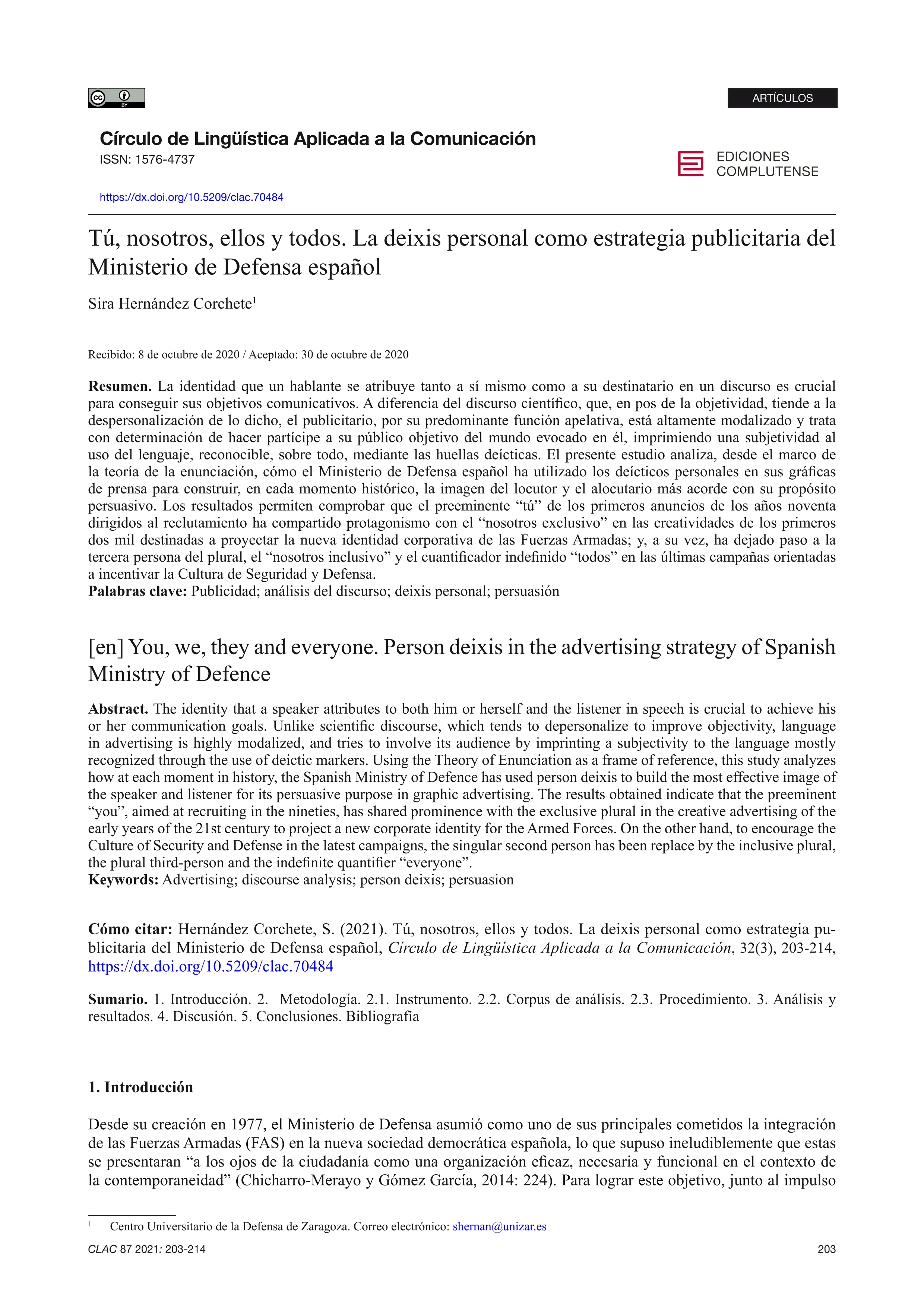 Tú, nosotros, ellos y todos. La deixis personal como estrategia publicitaria del Ministerio de Defensa español
