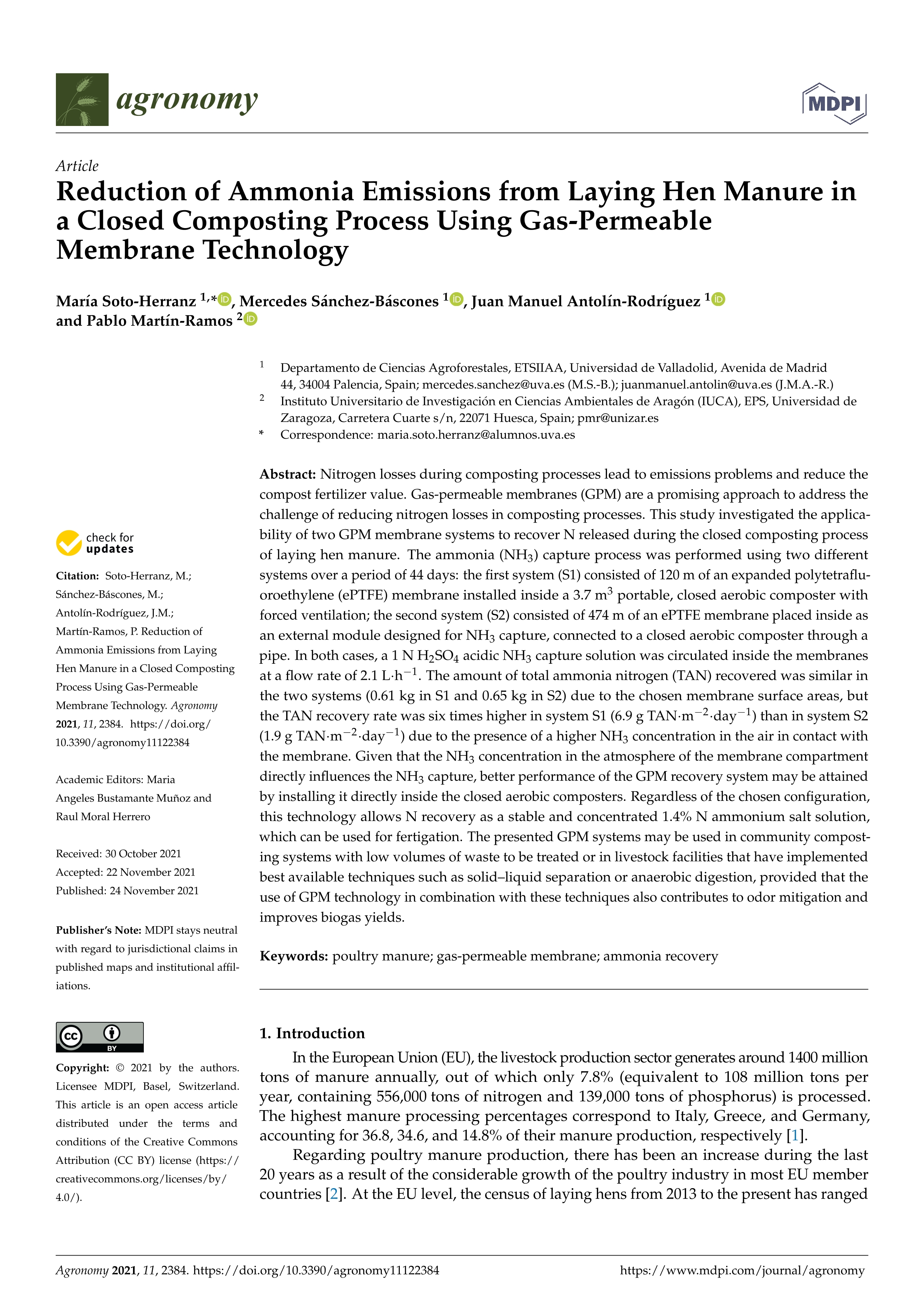 Reduction of ammonia emissions from laying hen manure in a closed composting process using gas-permeable membrane technology