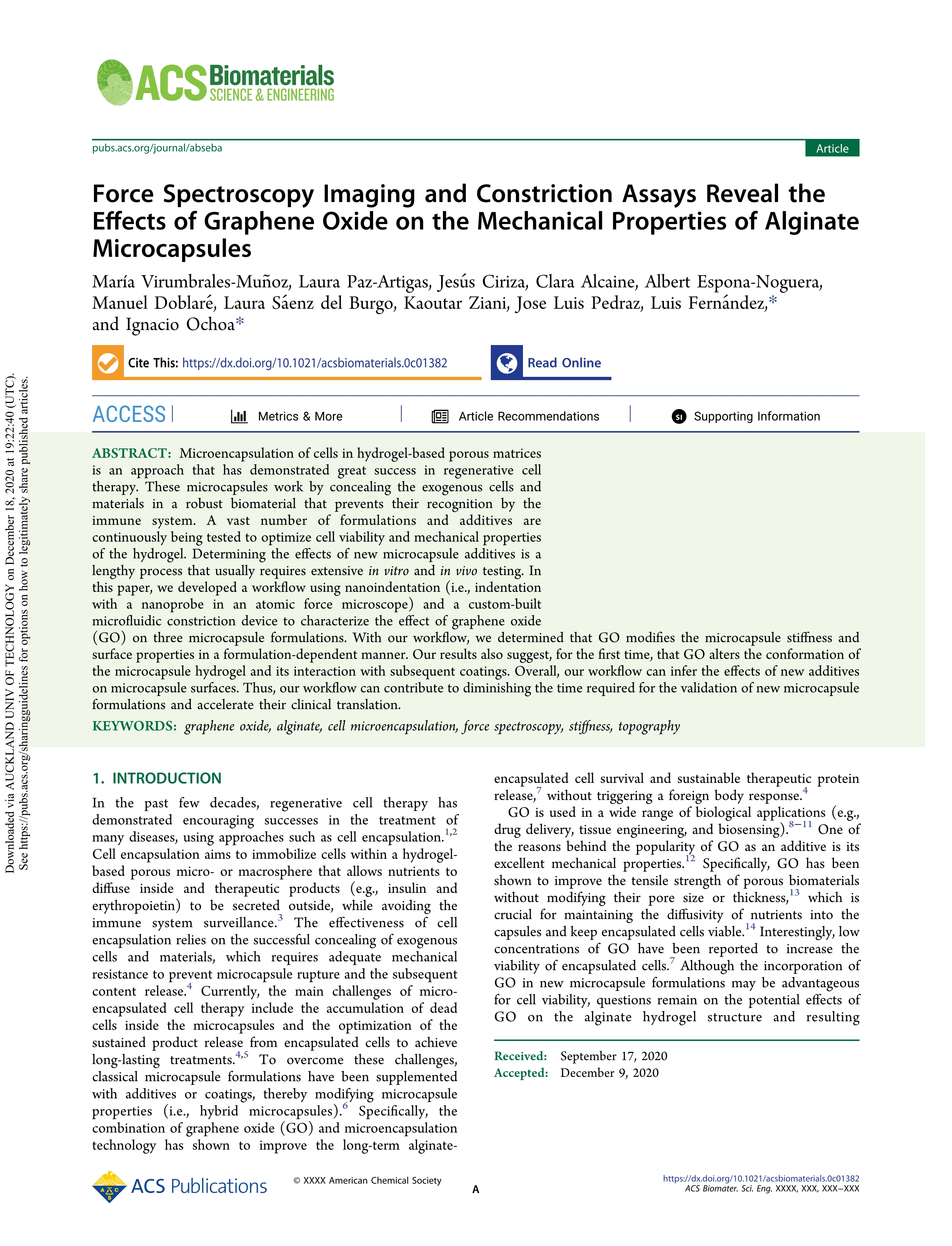 Force spectroscopy imaging and constriction assays reveal the effects of graphene oxide on the mechanical properties of alginate microcapsules