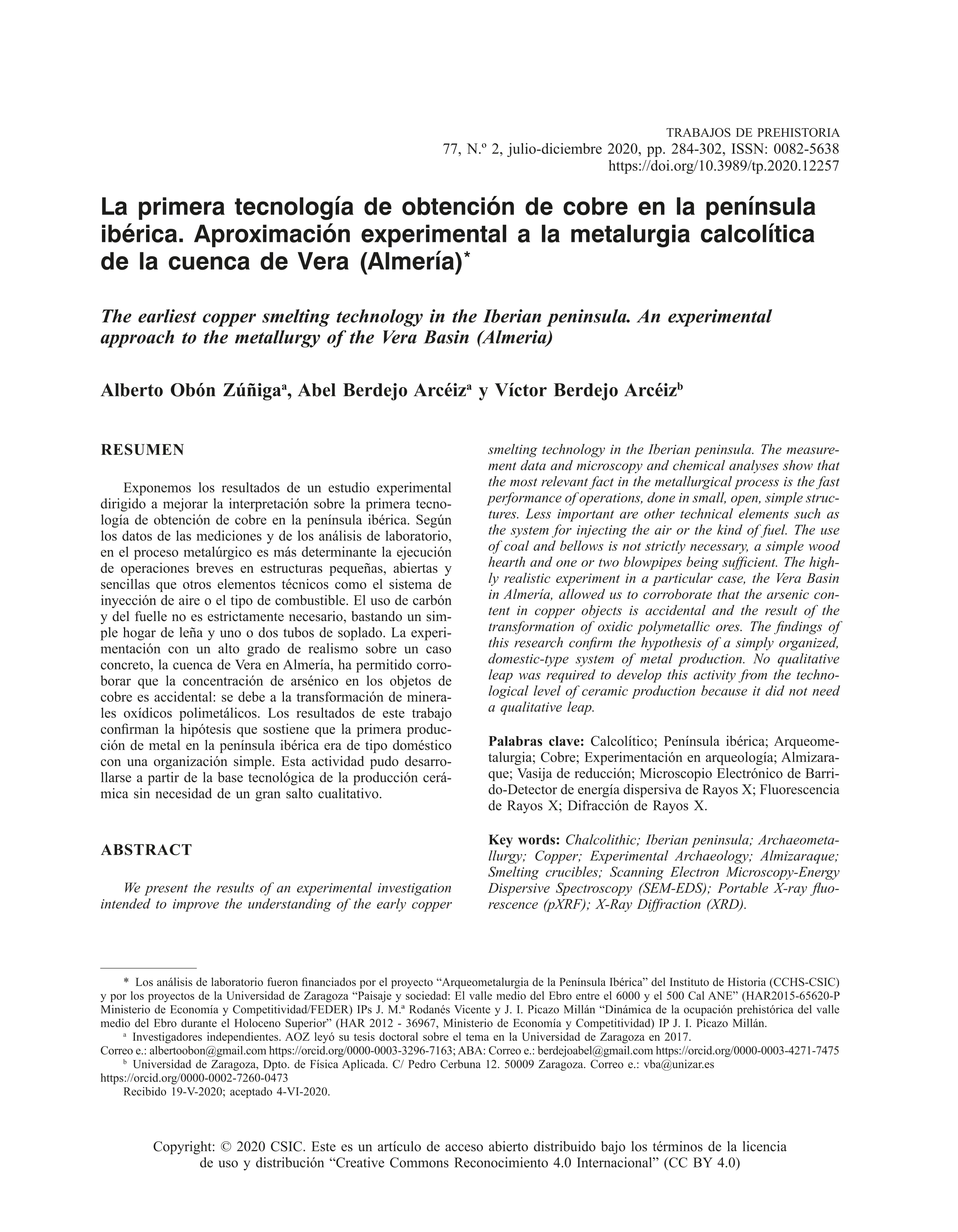 La primera tecnología de obtención de cobre en la península ibérica. Aproximación experimental a la metalurgia calcolítica de la cuenca de Vera (Almería)