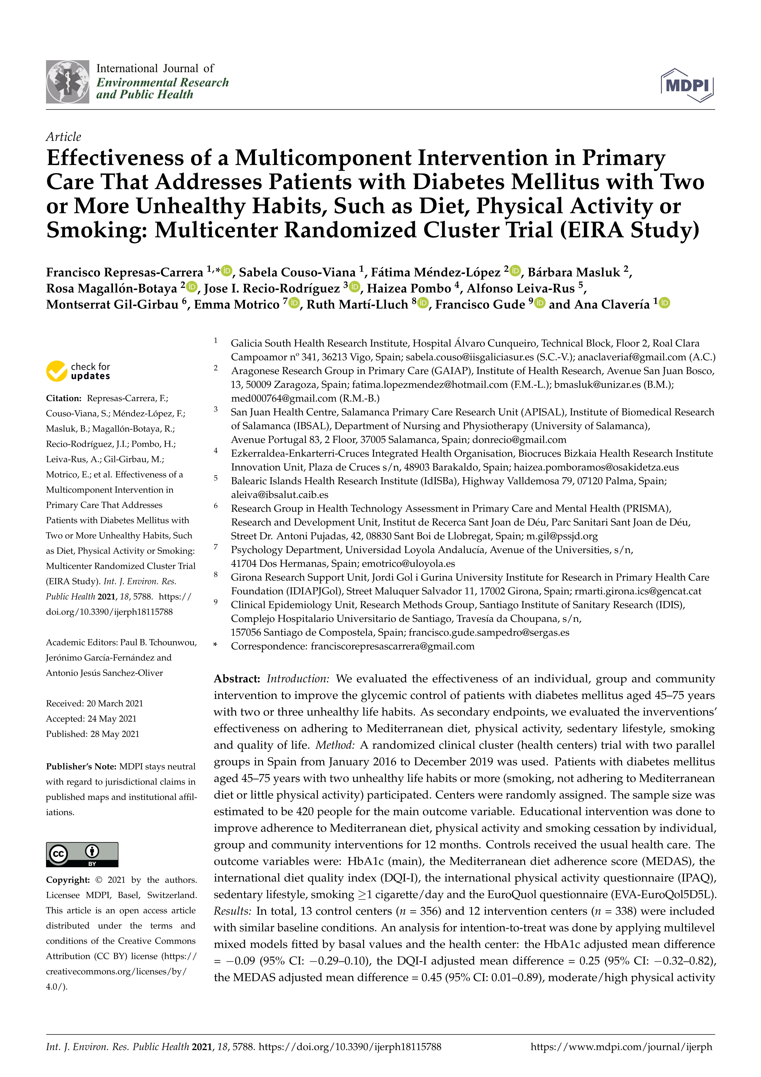 Effectiveness of a Multicomponent Intervention in Primary Care That Addresses Patients with Diabetes Mellitus with Two or More Unhealthy Habits, Such as Diet, Physical Activity or Smoking: Multicenter Randomized Cluster Trial (EIRA Study)