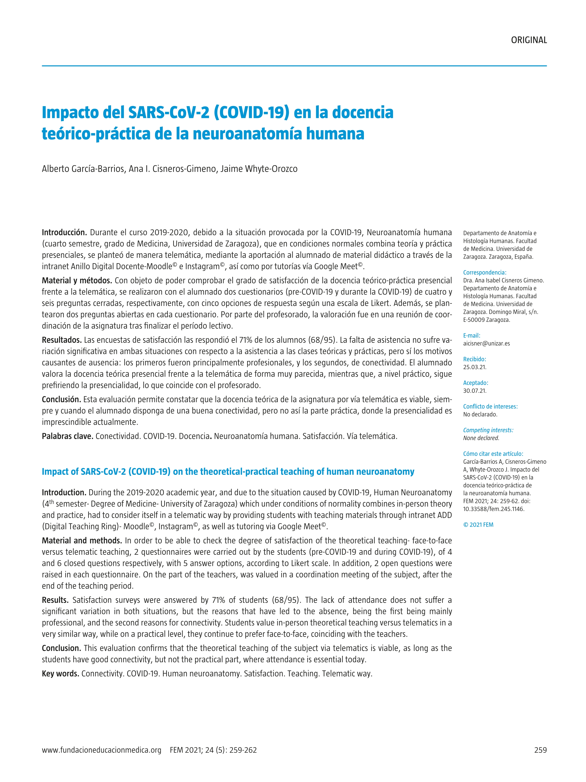 Impacto del SARS-CoV-2 (COVID-19) en la docencia teórico-práctica de la neuroanatomía humana