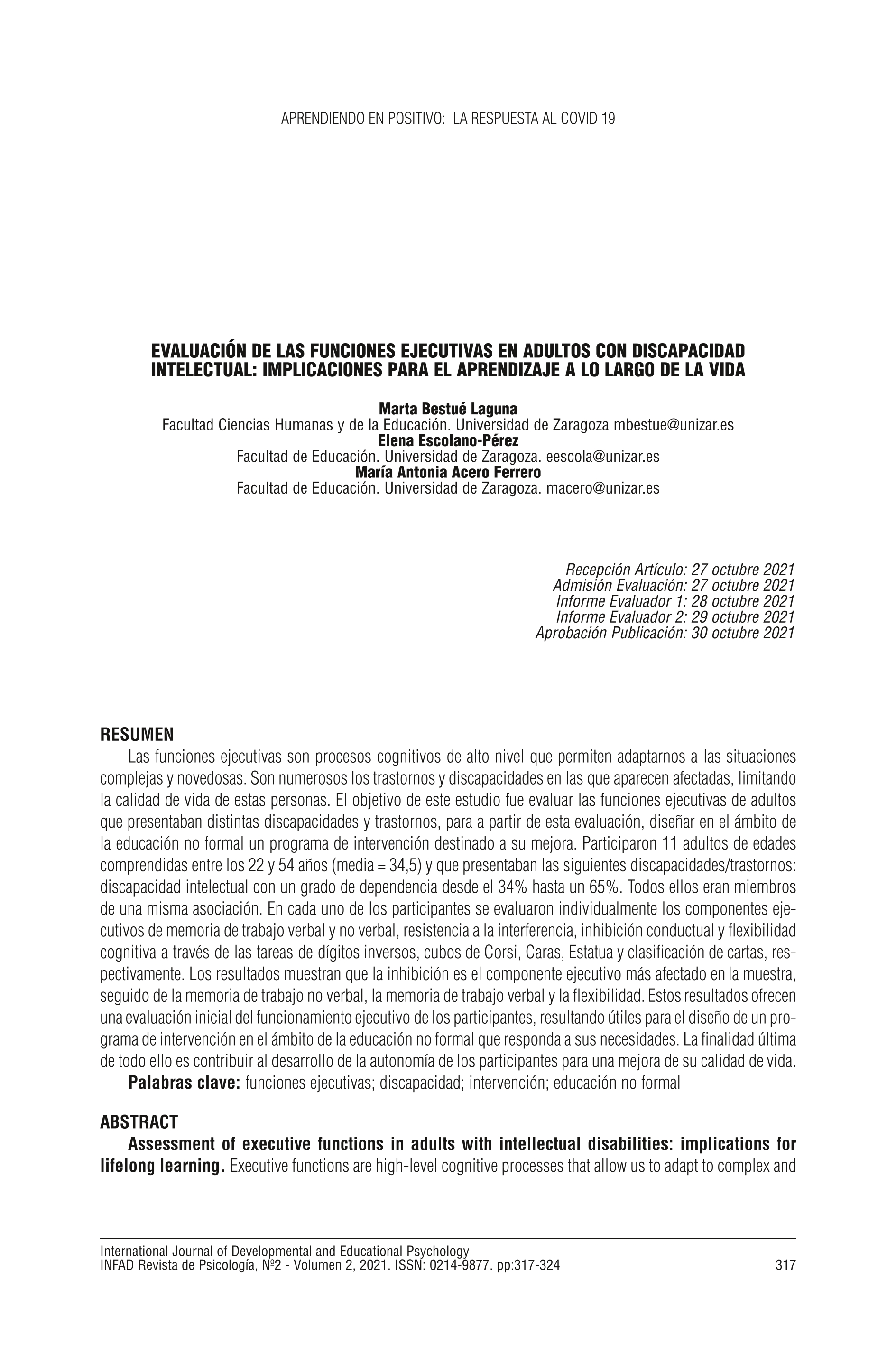 Evaluación de las funciones ejecutivas en adultos con discapacidad intelectual: implicaciones para el aprendizaje a lo largo de la vida