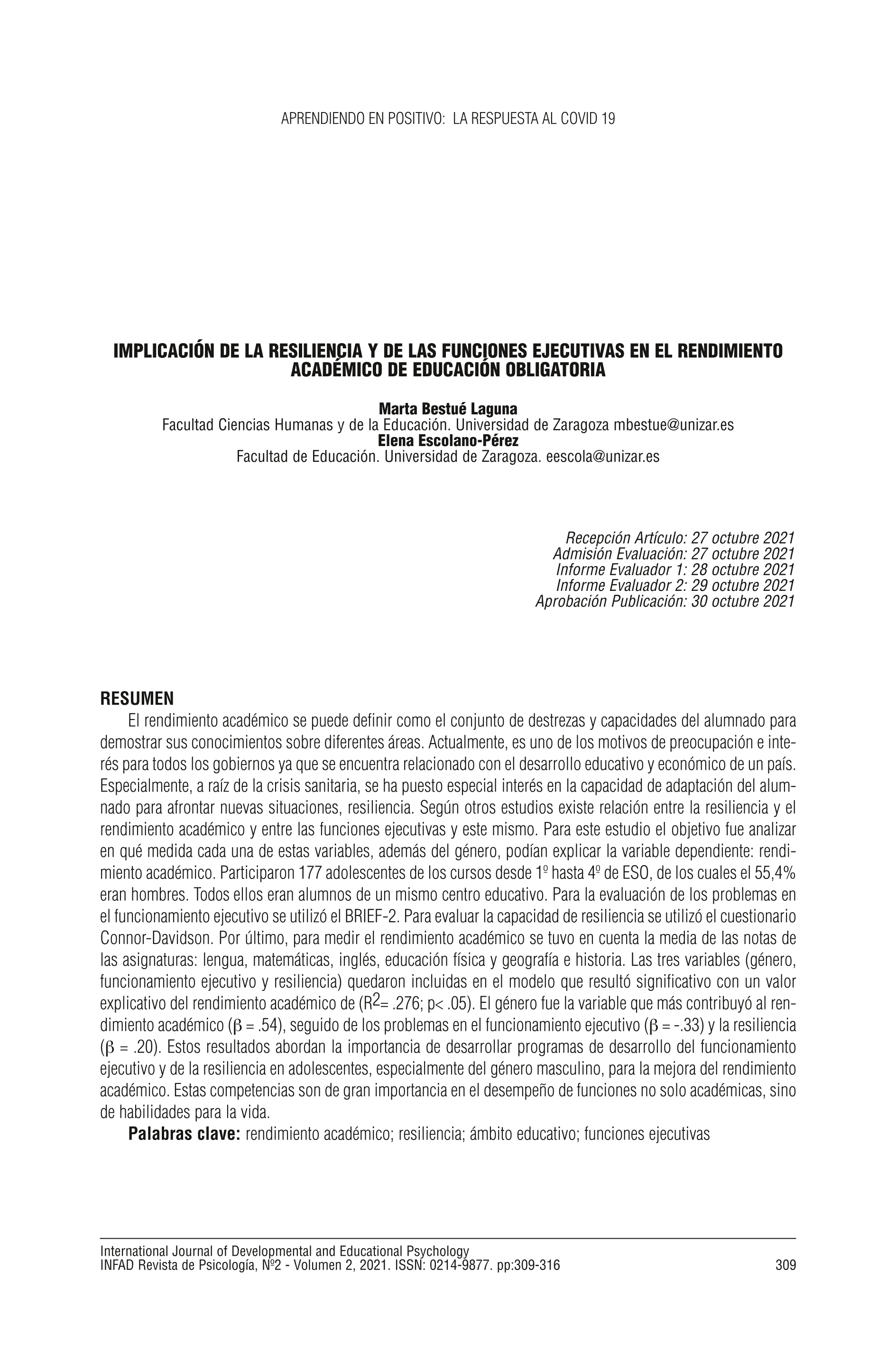 Implicación de la resiliencia y de las funciones ejecutivas en el rendimiento académico de educación obligatoria