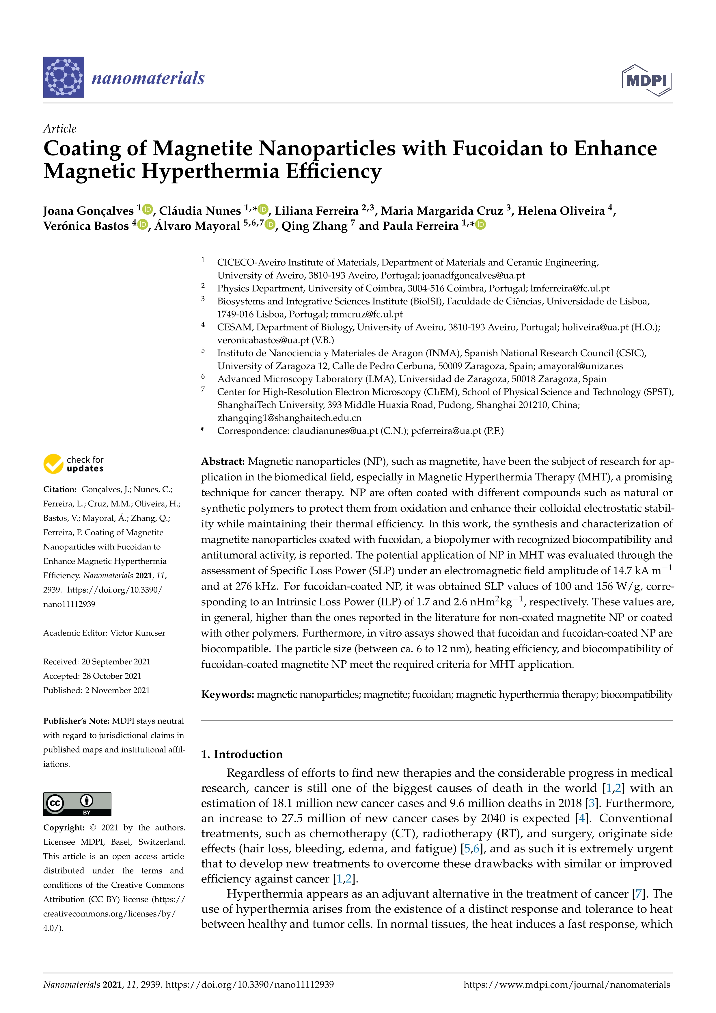 Coating of Magnetite Nanoparticles with Fucoidan to Enhance Magnetic Hyperthermia Efficiency