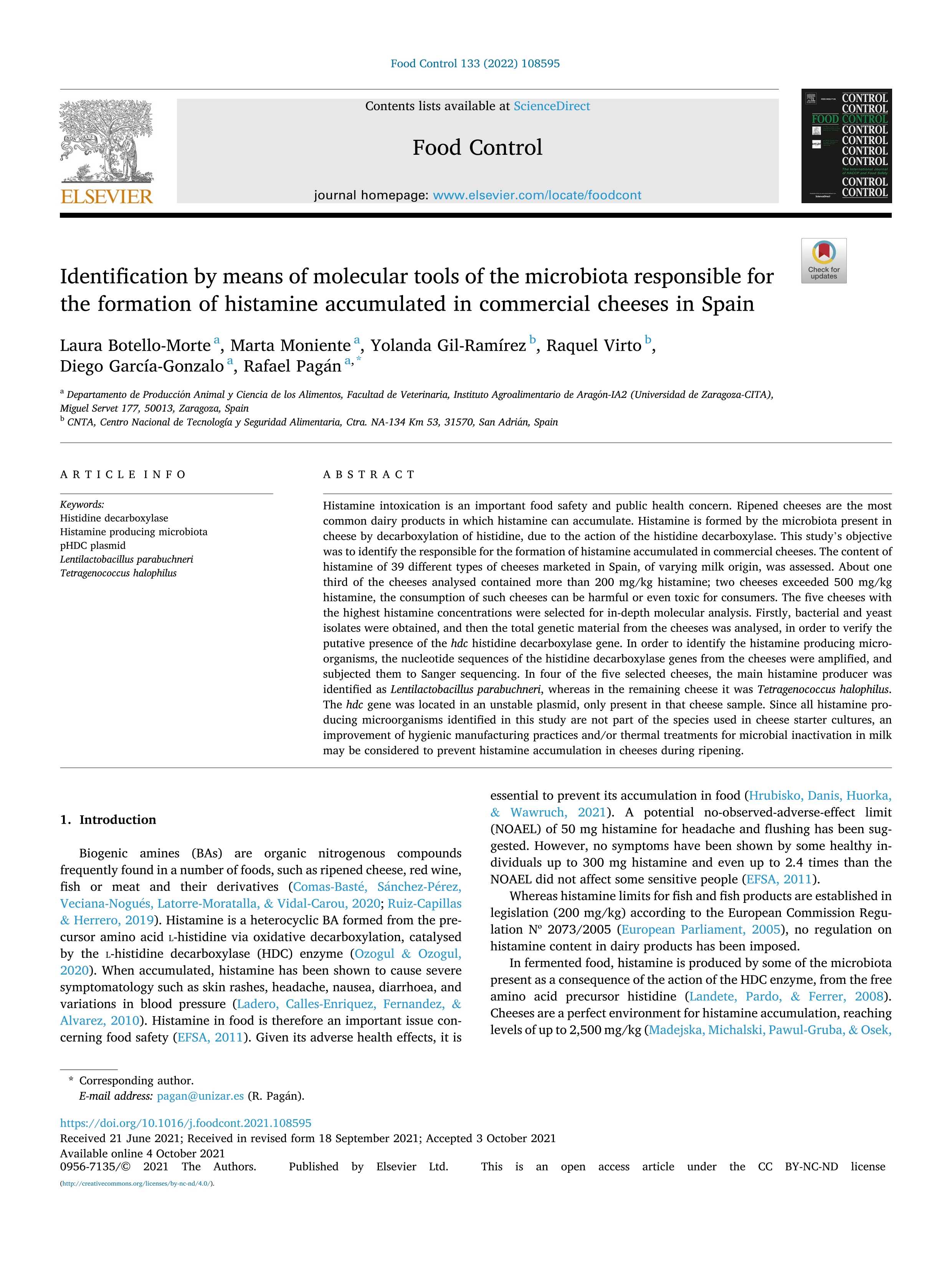 Identification by means of molecular tools of the microbiota responsible for the formation of histamine accumulated in commercial cheeses in Spain