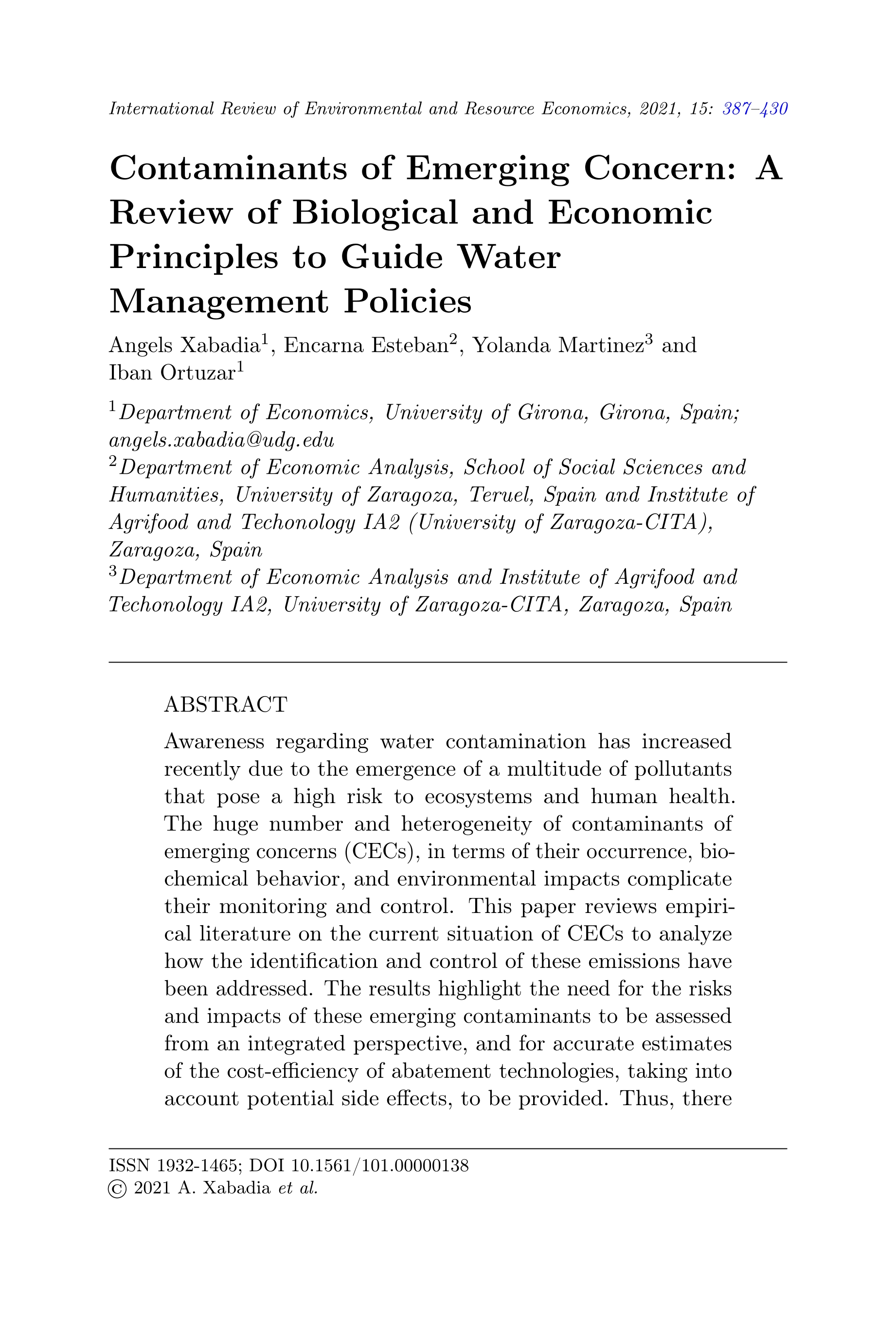 Contaminants of emerging concern: a review of biological and economic principles to guide water management policies