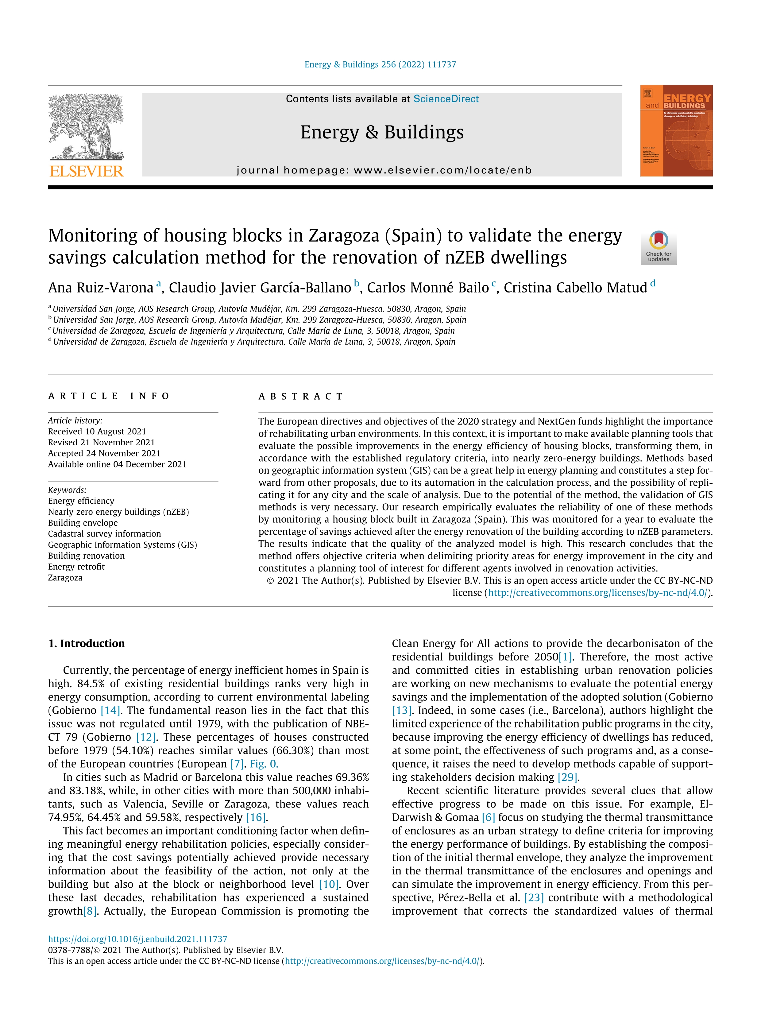 Monitoring of housing blocks in Zaragoza (Spain) to validate the energy savings calculation method for the renovation of nZEB dwellings