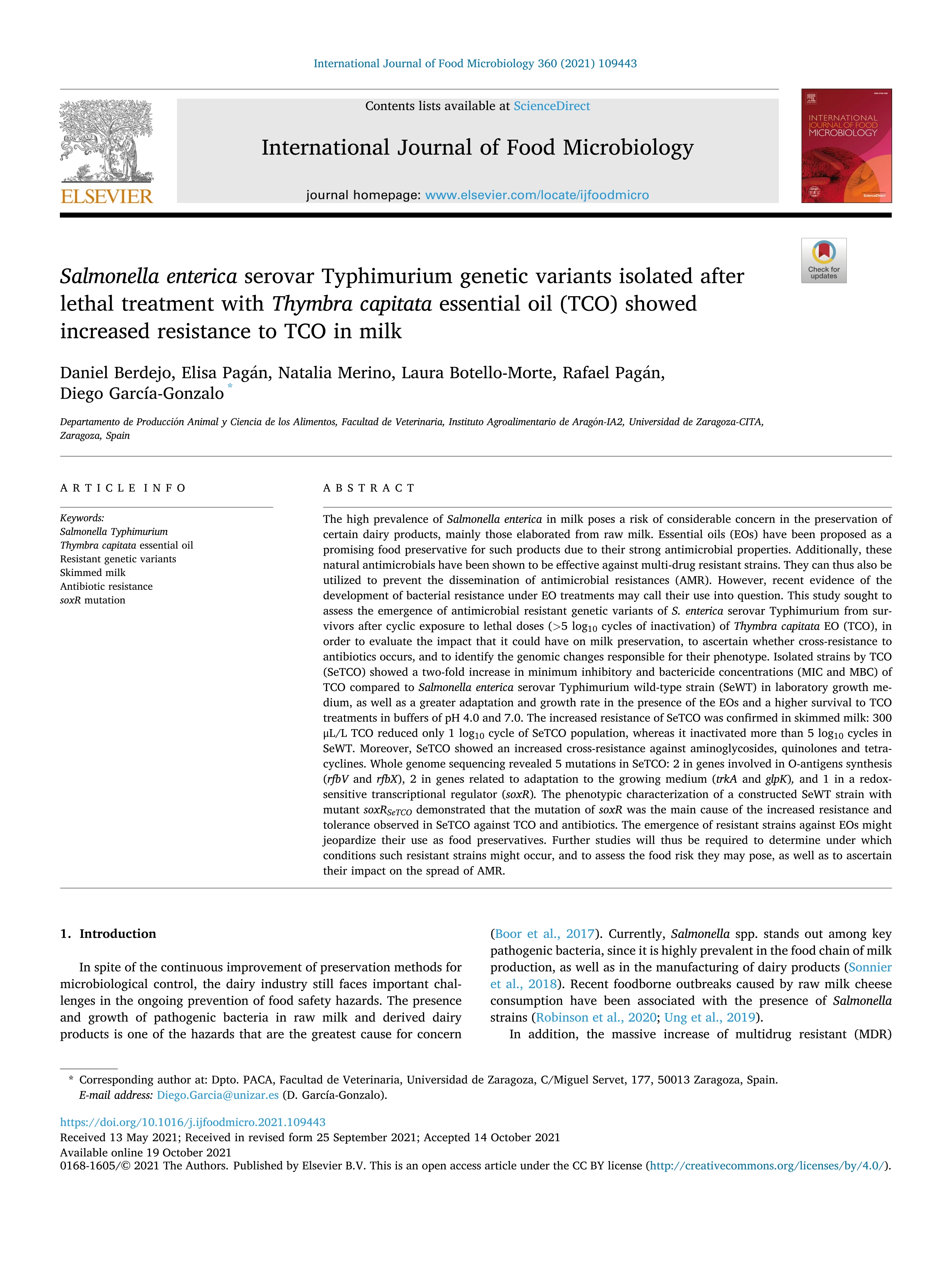 Salmonella enterica serovar Typhimurium genetic variants isolated after lethal treatment with Thymbra capitata essential oil (TCO) showed increased resistance to TCO in milk
