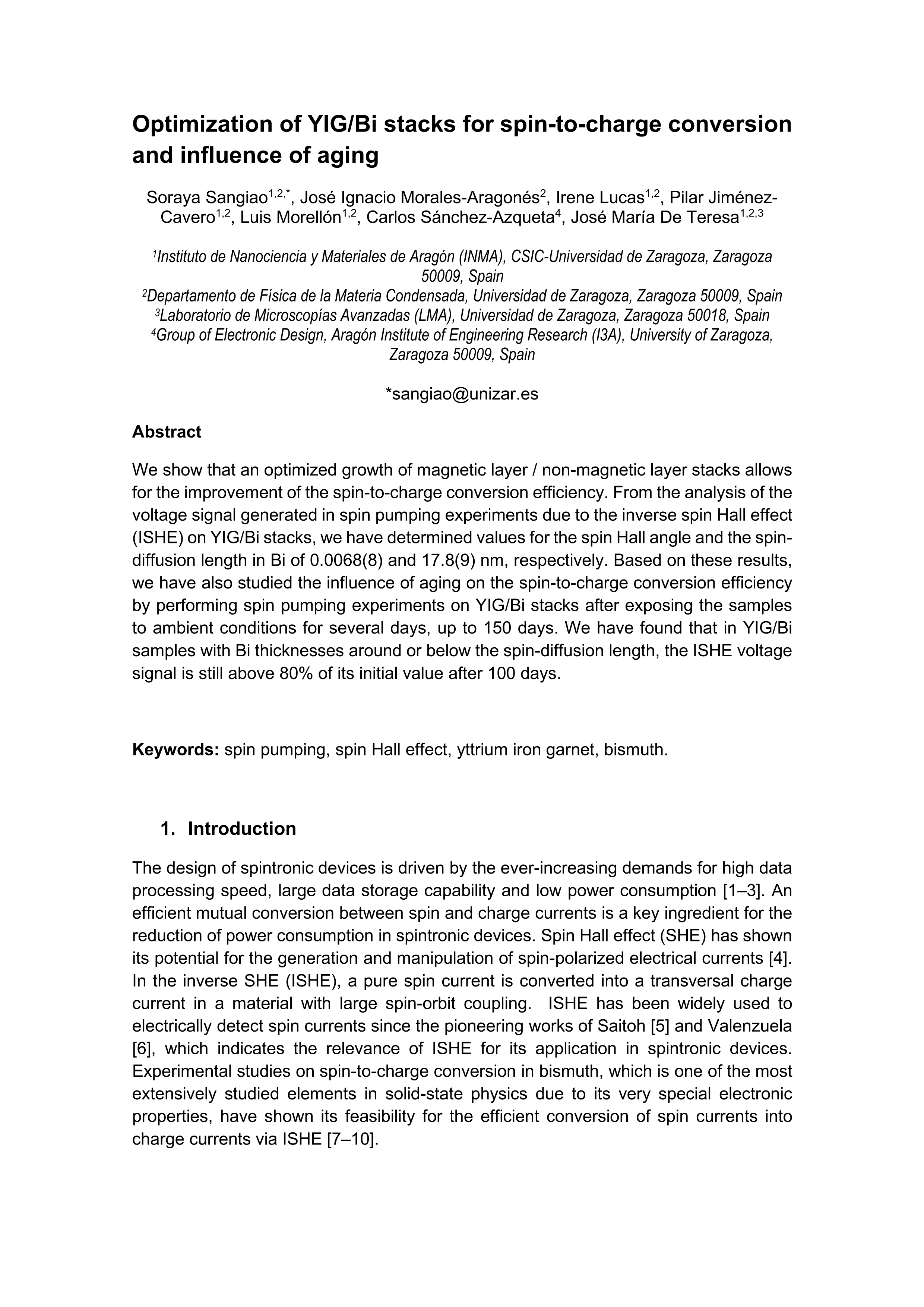 Optimization of YIG/Bi stacks for spin-to-charge conversion and influence of aging