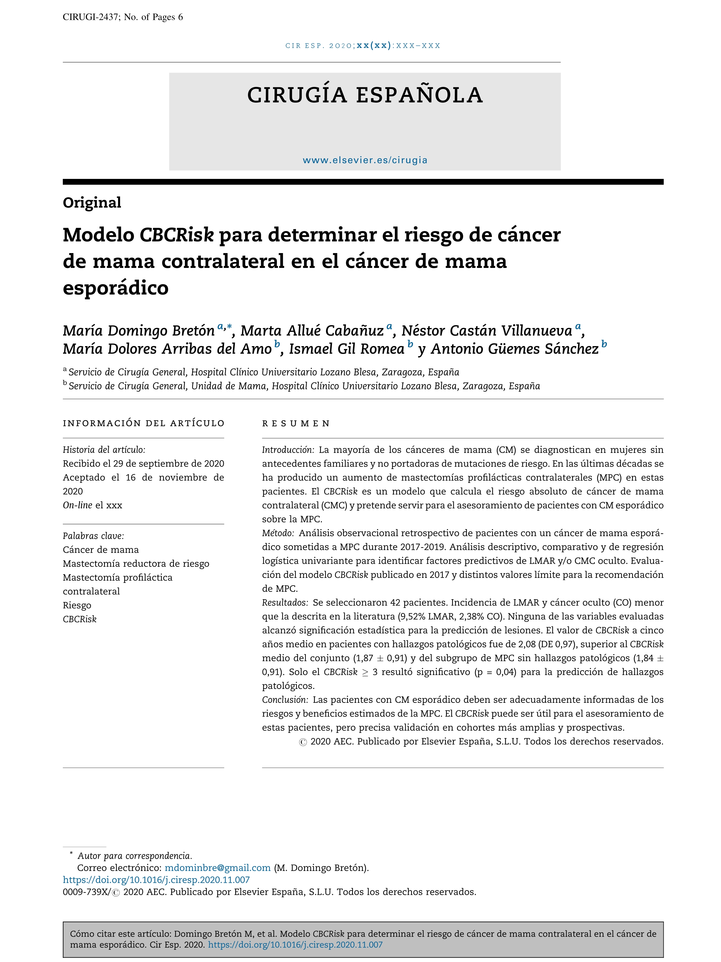 Modelo CBCRisk para determinar el riesgo de cáncer de mama contralateral en el cáncer de mama esporádico