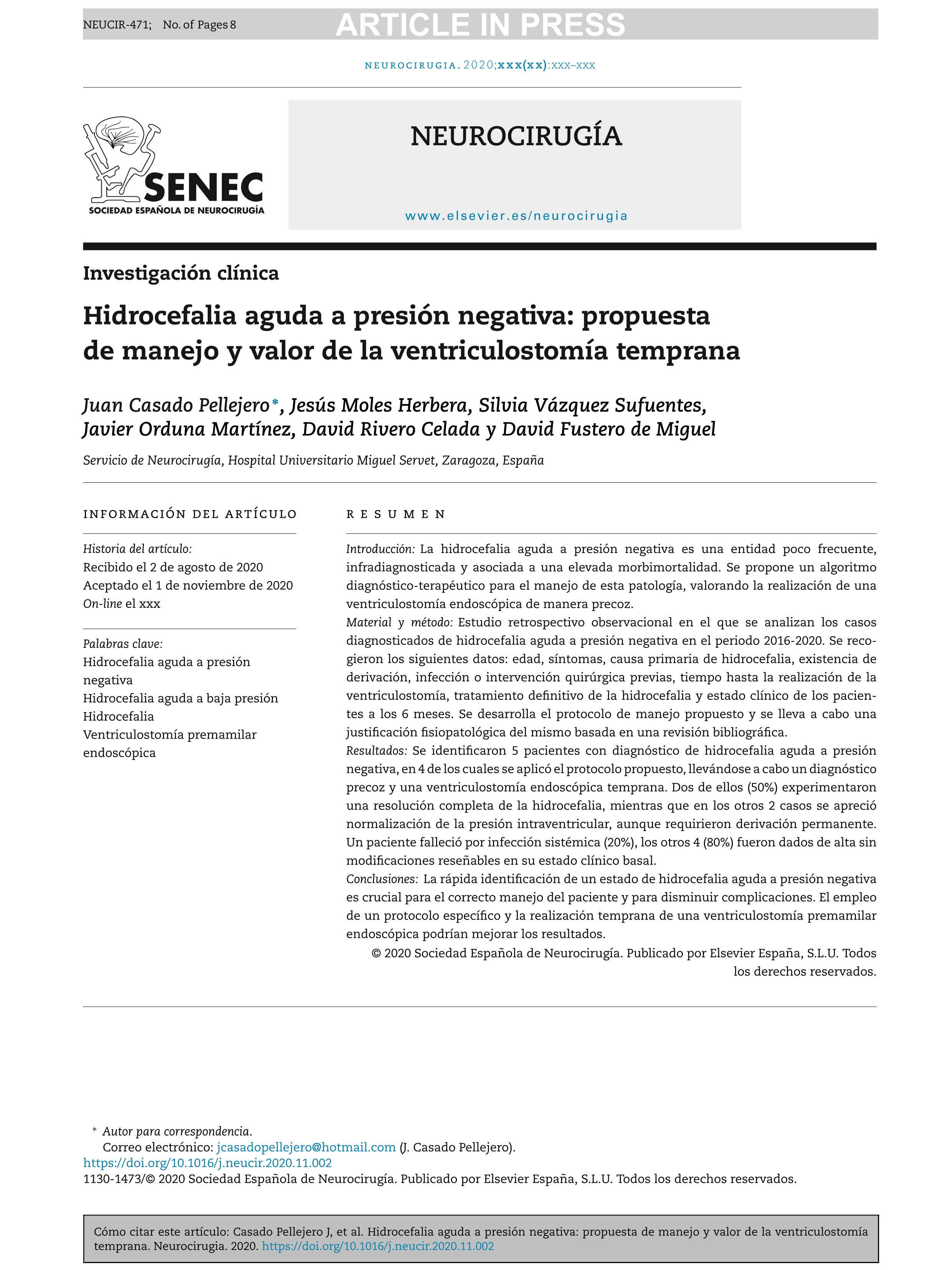 Hidrocefalia aguda a presión negativa: propuesta de manejo y valor de la ventriculostomía temprana