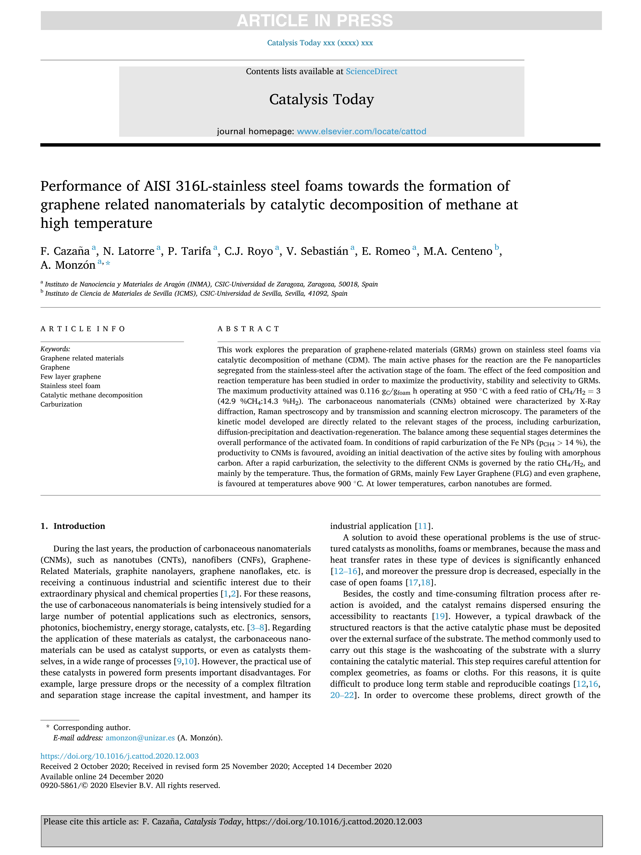 Performance of AISI 316L-stainless steel foams towards the formation of graphene related nanomaterials by catalytic decomposition of methane at high temperature