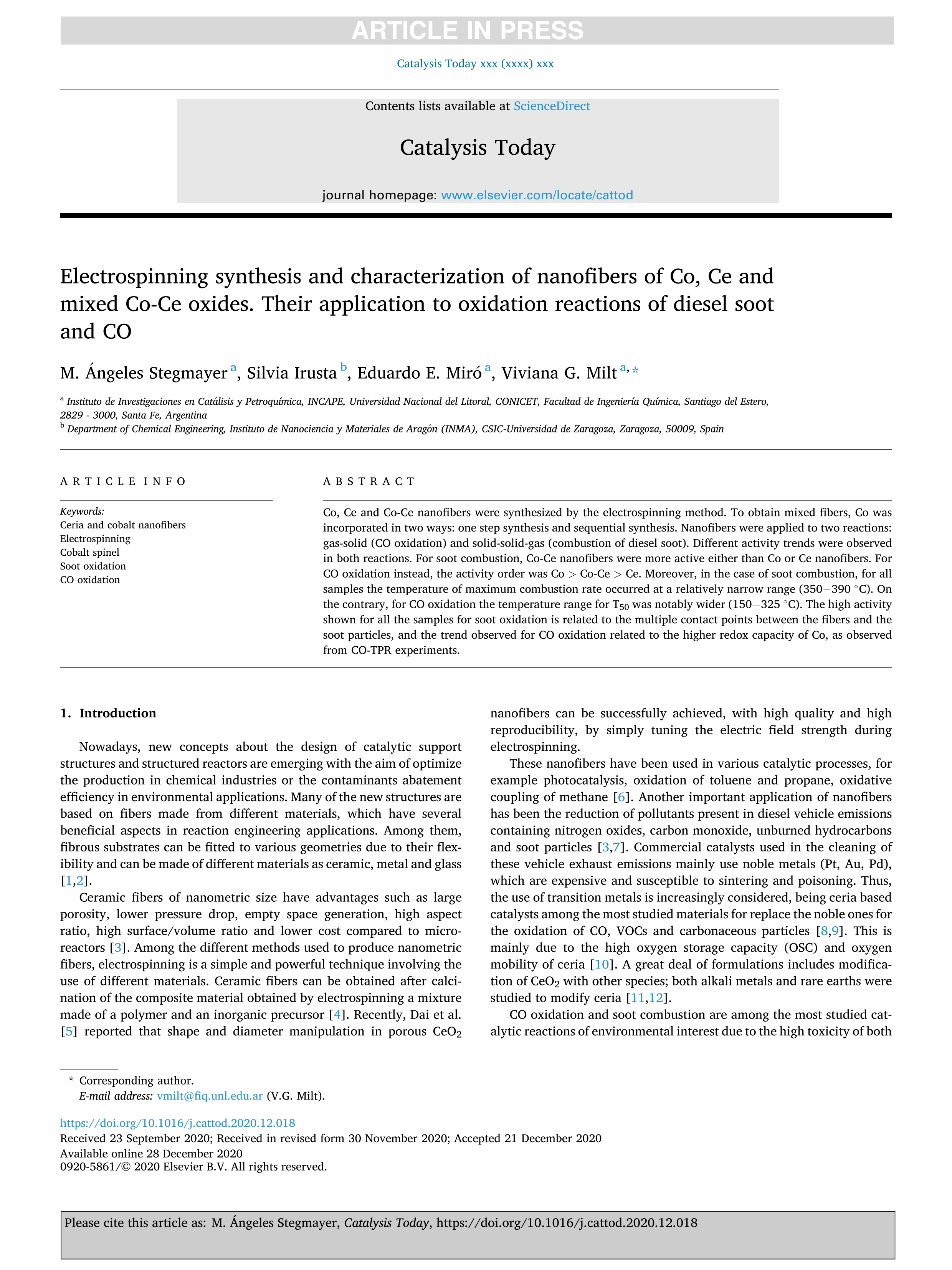 Electrospinning synthesis and characterization of nanofibers of Co, Ce and mixed Co-Ce oxides. Their application to oxidation reactions of diesel soot and CO