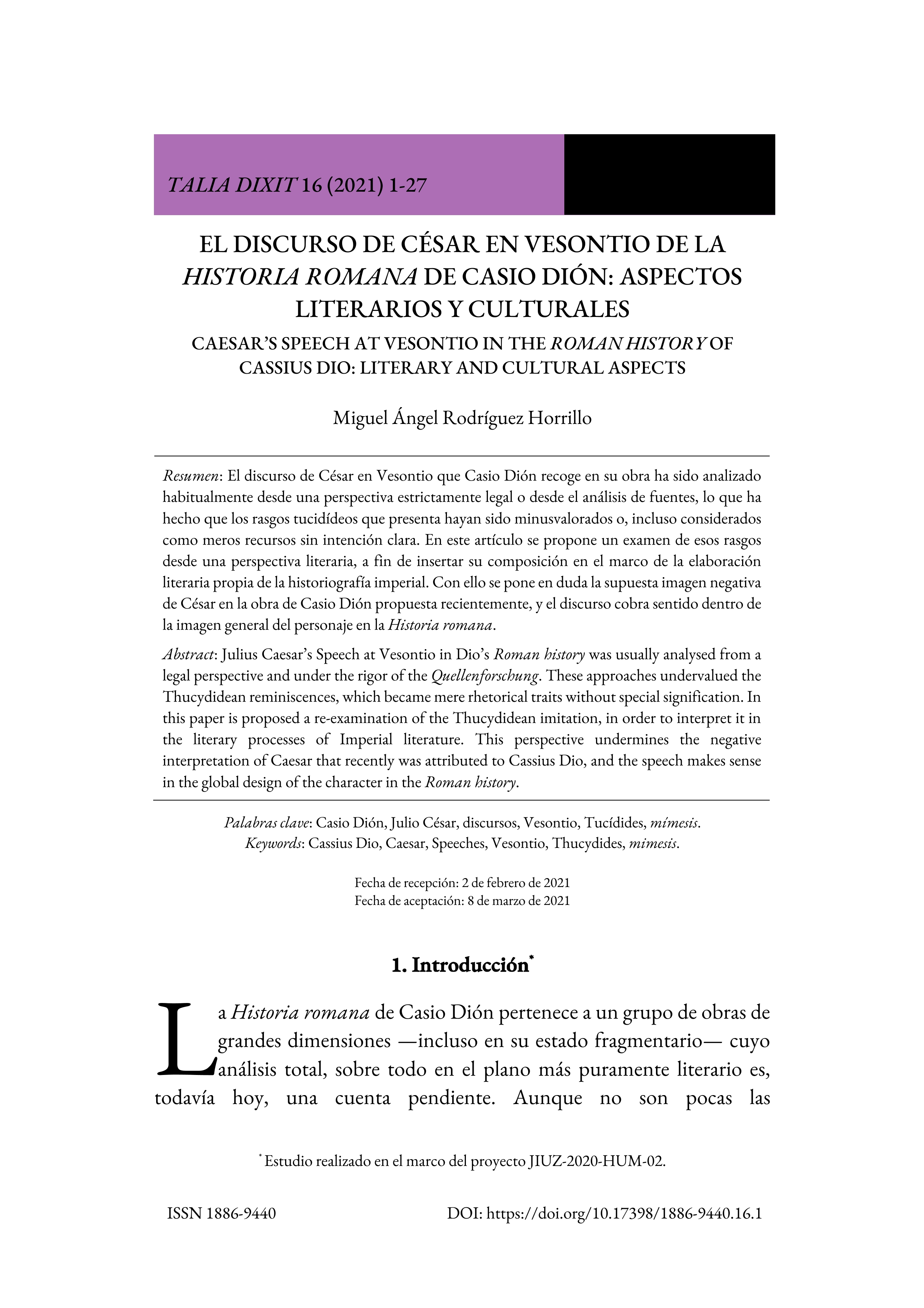 El discurso de César en Vesontio de la Historia romana de Casio Dión: aspectos literarios y culturales