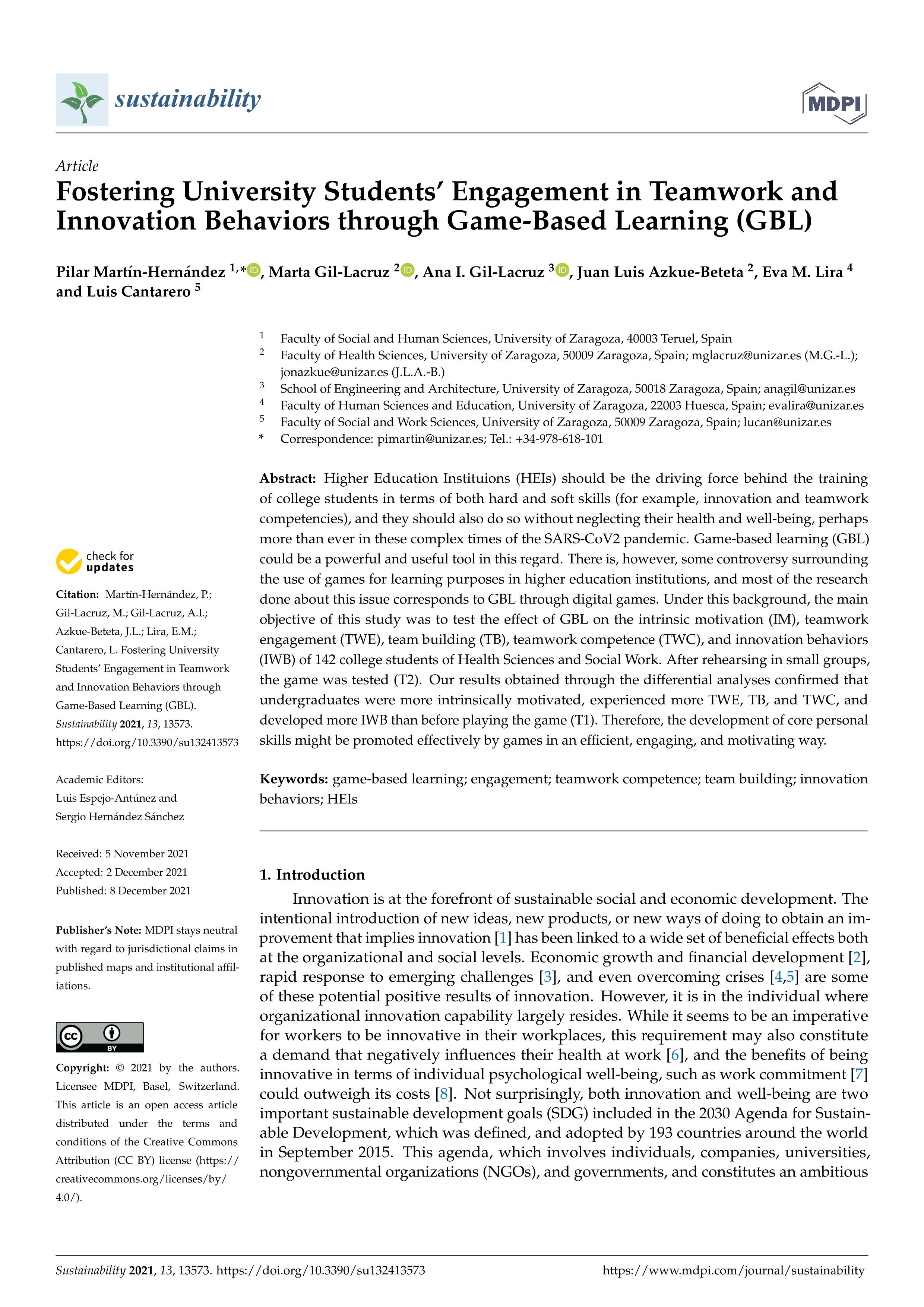 Fostering university students’ engagement in teamwork and innovation behaviors through game-based learning (GBL)