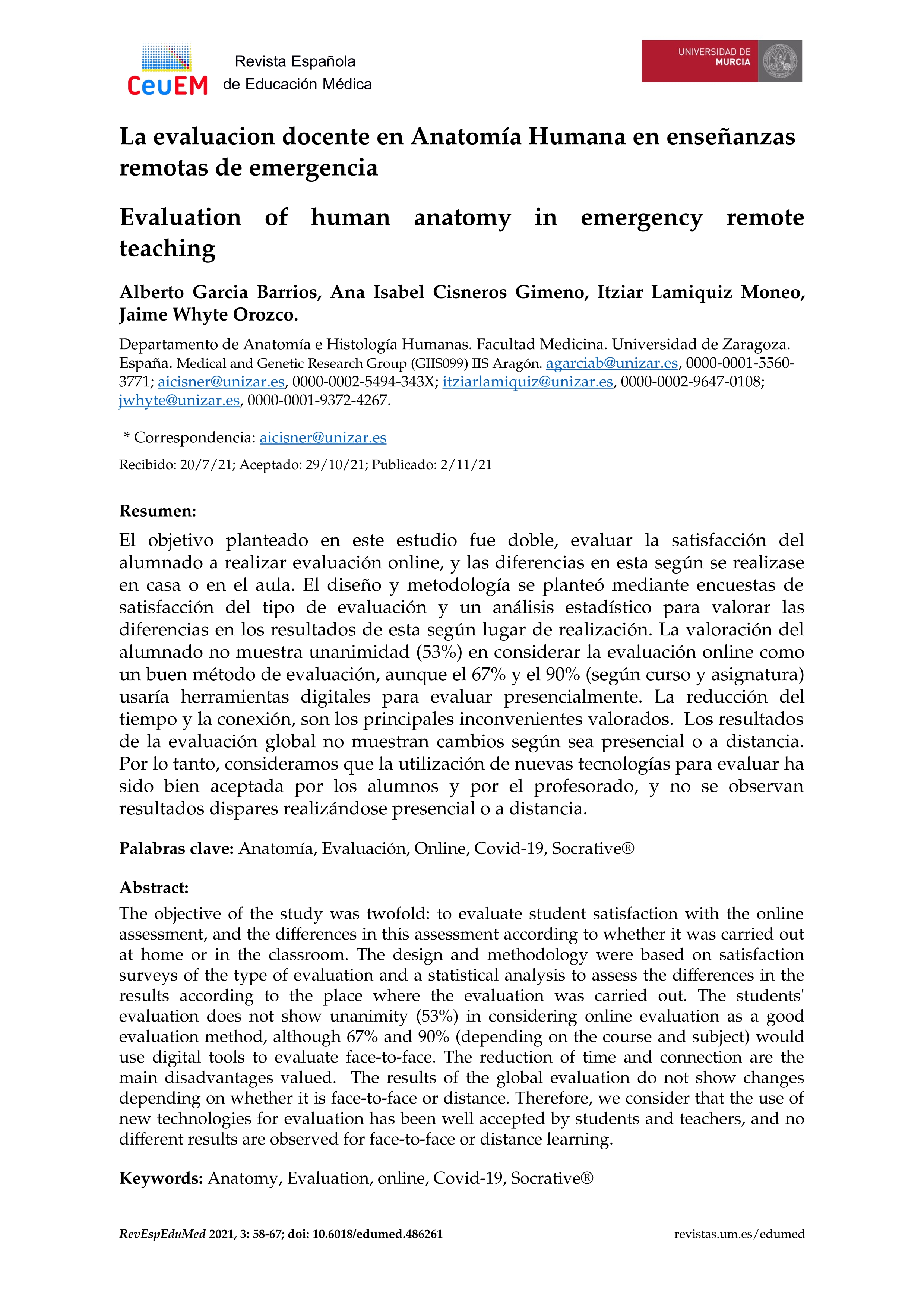 La evaluacion docente en Anatomía Humana en enseñanzas remotas de emergencia