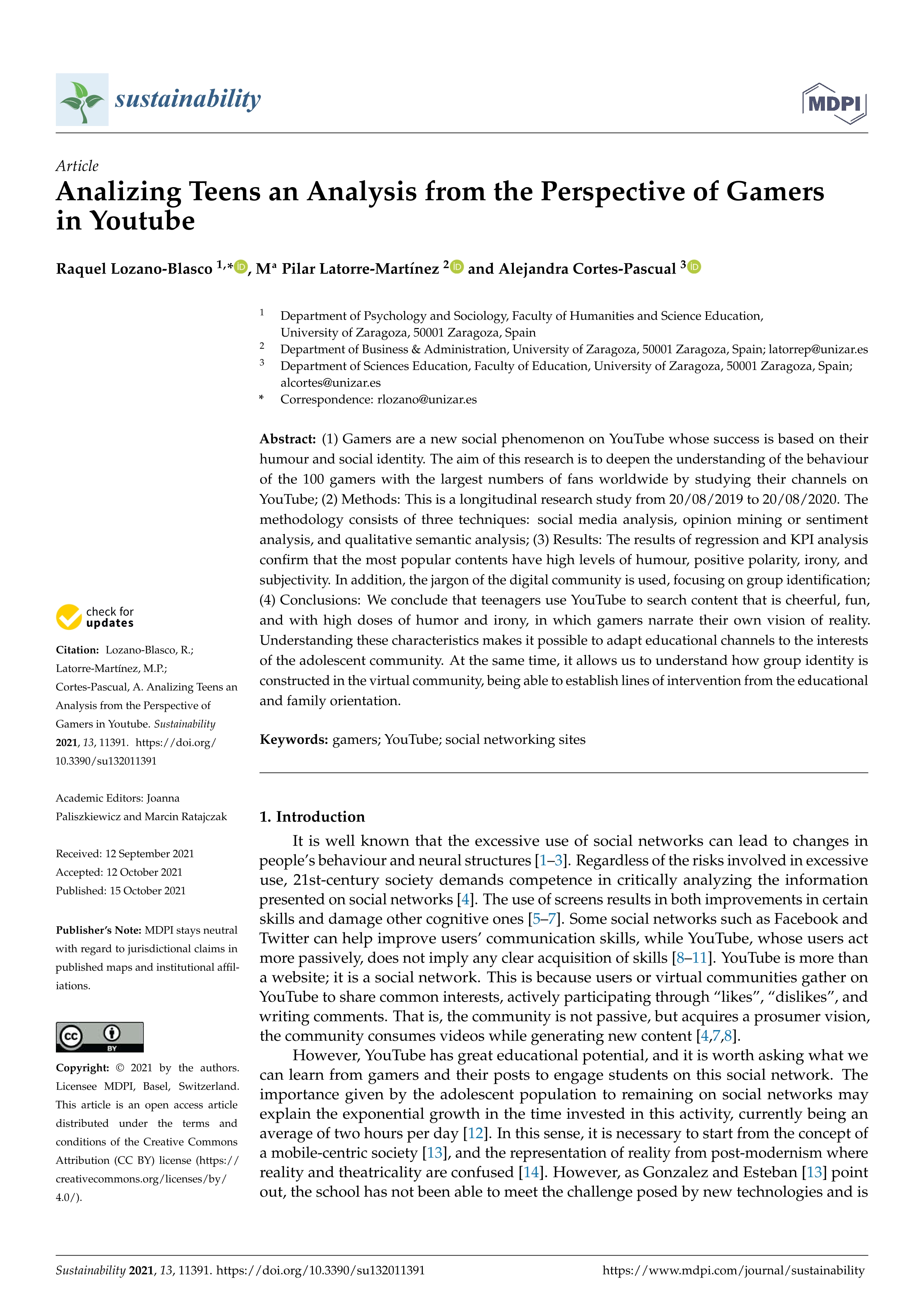 Analizing teens an analysis from the perspective of gamers in Youtube