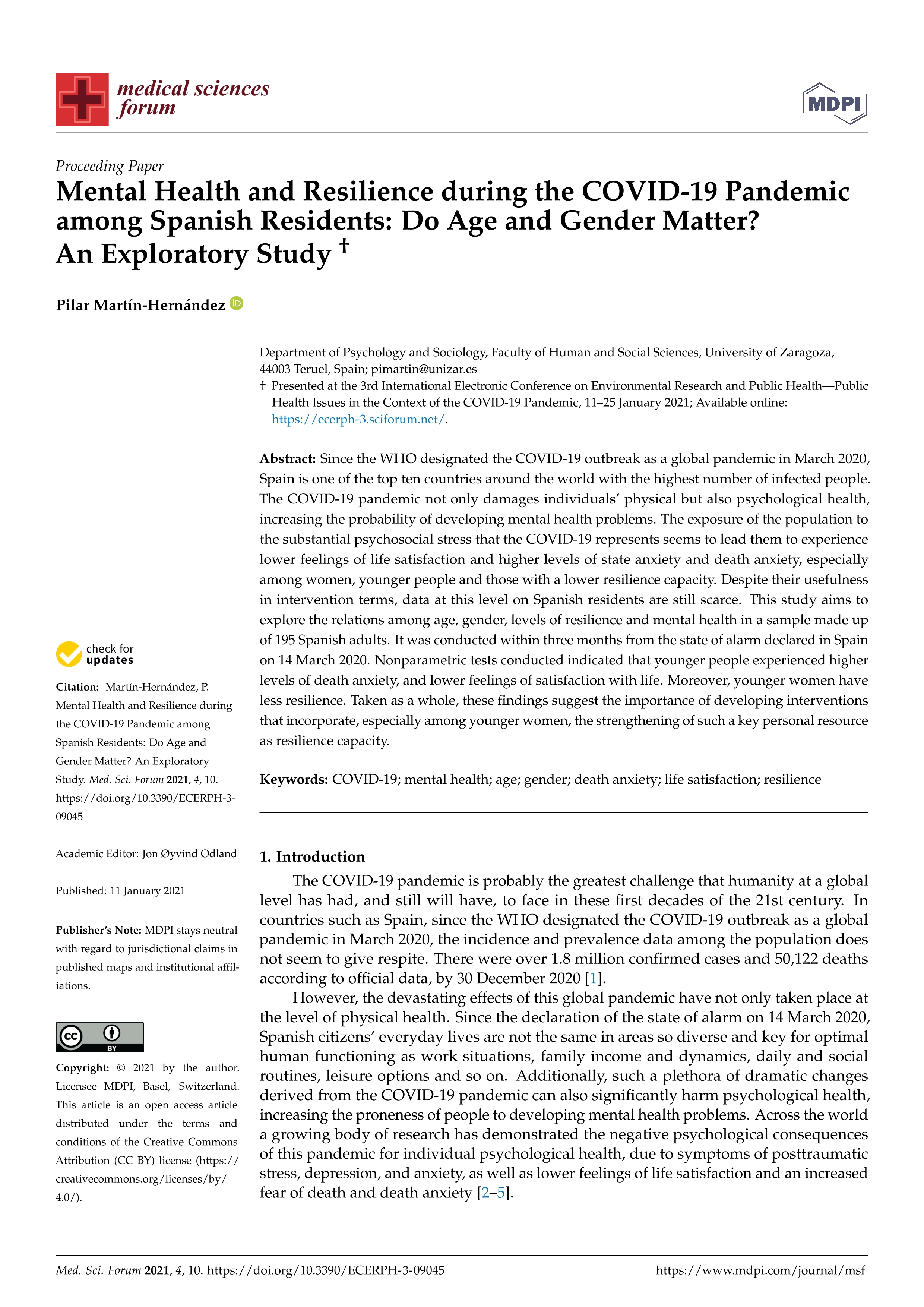 Mental health and resilience during the COVID-19 pandemic among spanish residents: do age and gender matter? an exploratory study
