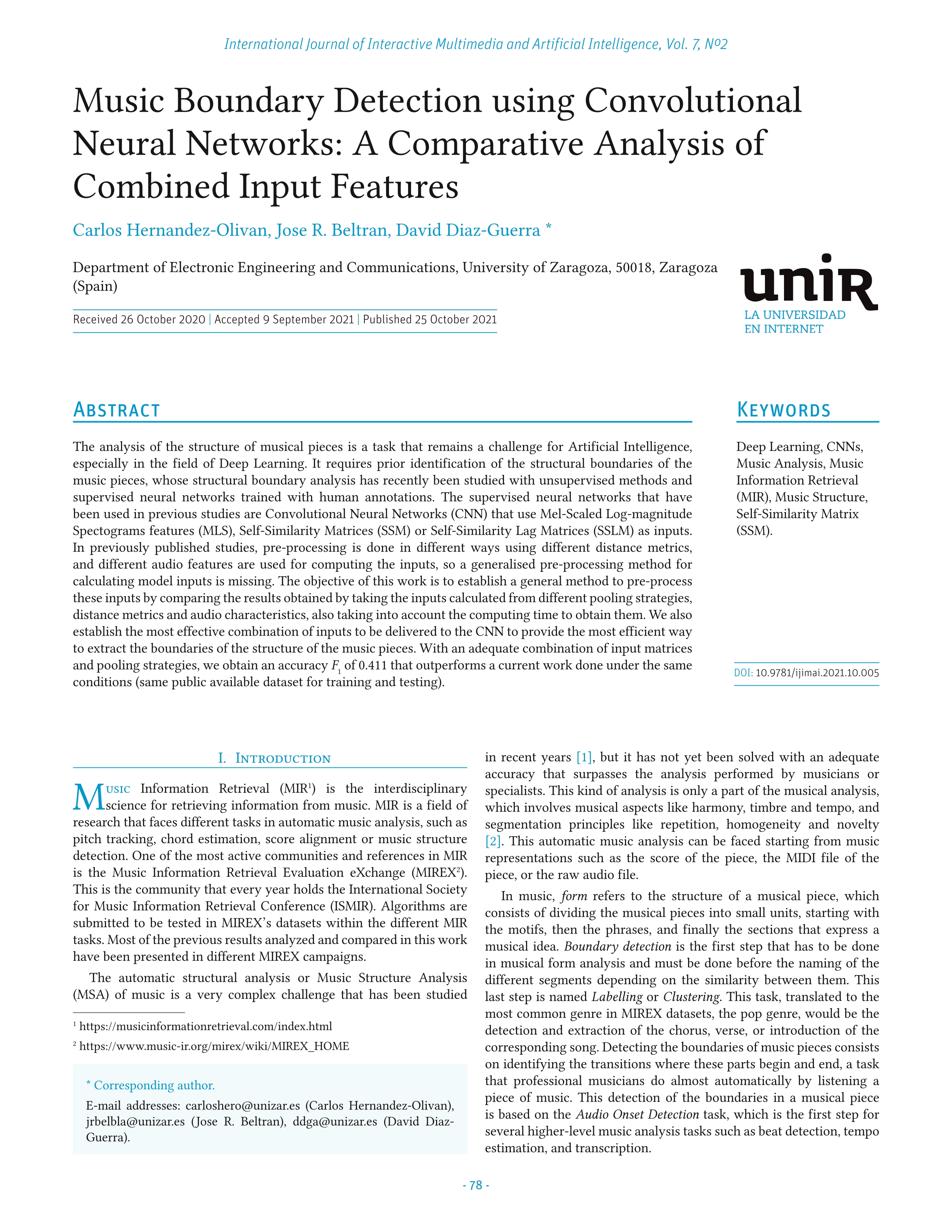 Music boundary detection using convolutional neural networks: a comparative analysis of combined input features