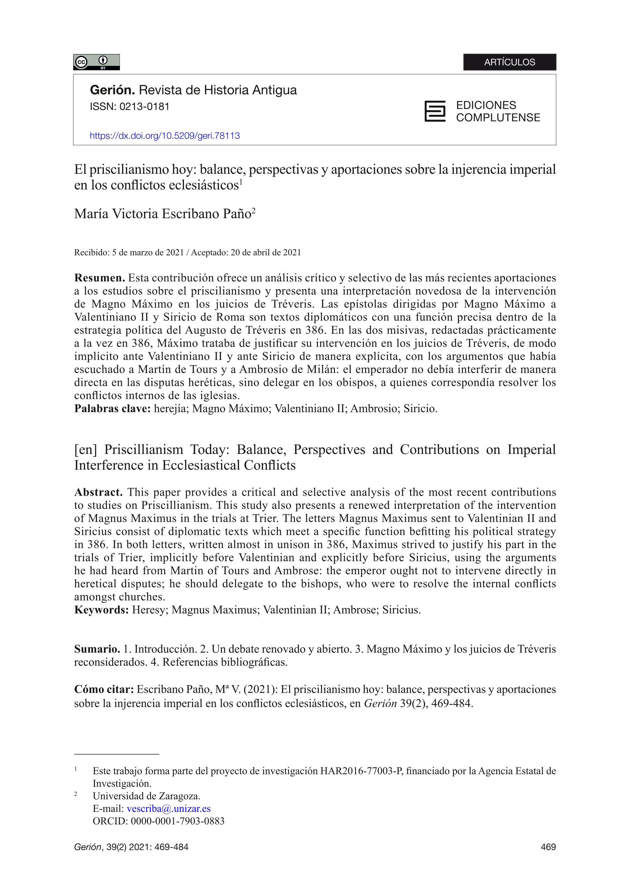 El priscilianismo hoy: balance, perspectivas y aportaciones sobre la injerencia imperial en los conflictos eclesiásticos
