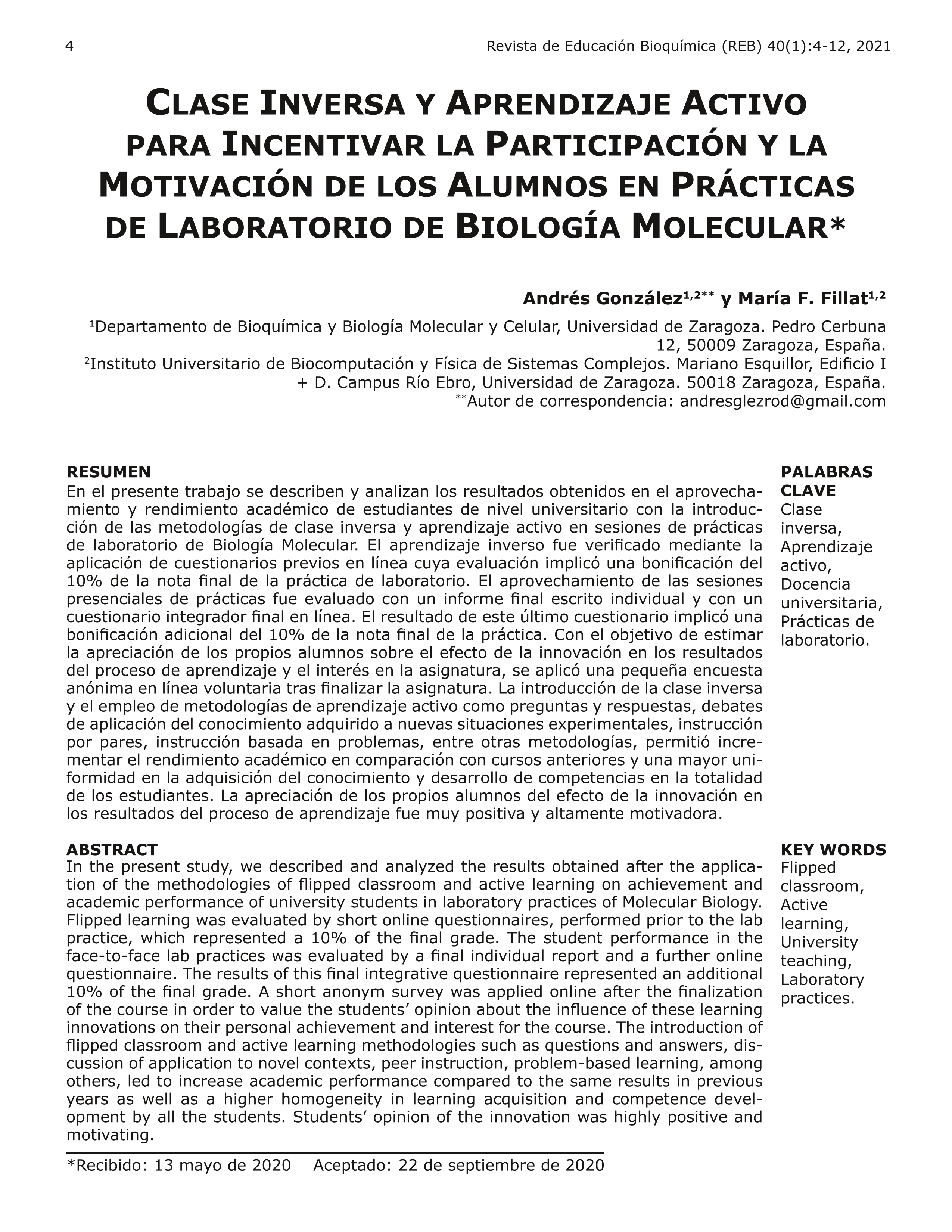 Clase inversa y aprendizaje activo para incentivar la participación y la motivación de los alumnos en prácticas de laboratorio de biología molecular