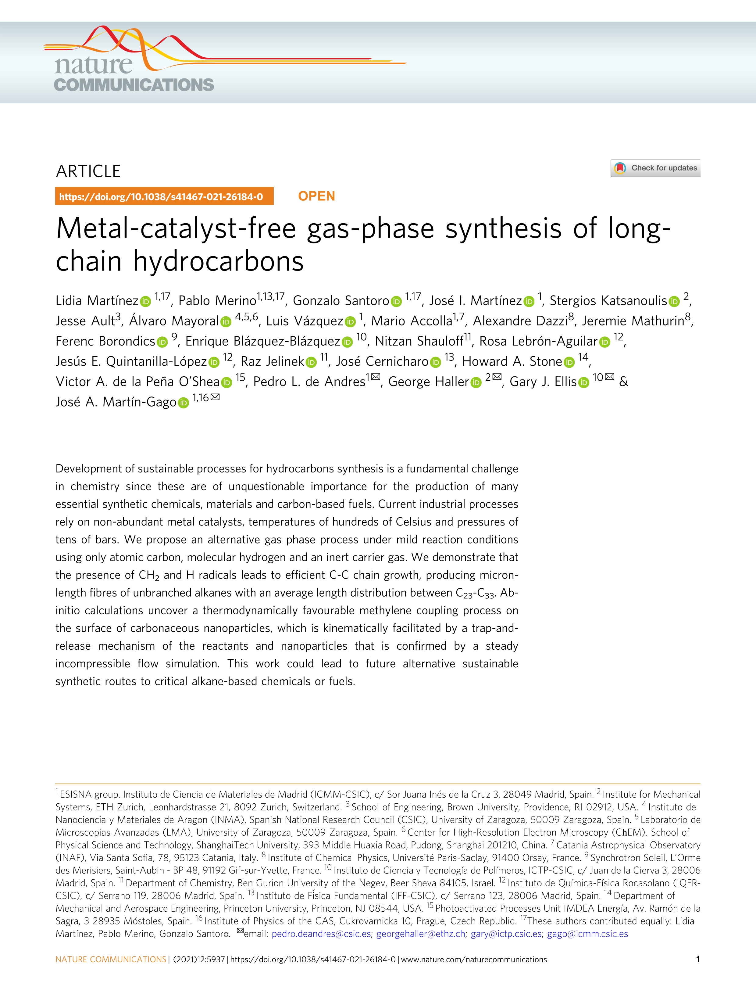 Metal-catalyst-free gas-phase synthesis of long-chain hydrocarbons