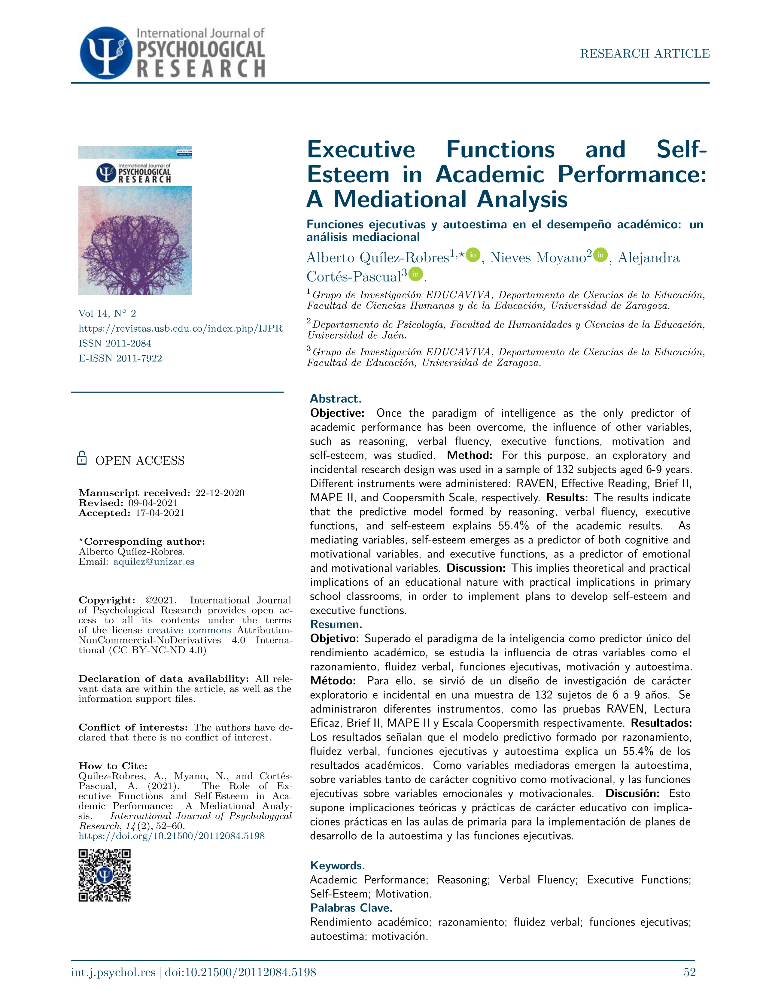 Executive Functions and Self- Esteem in Academic Performance: A Mediational Analysis