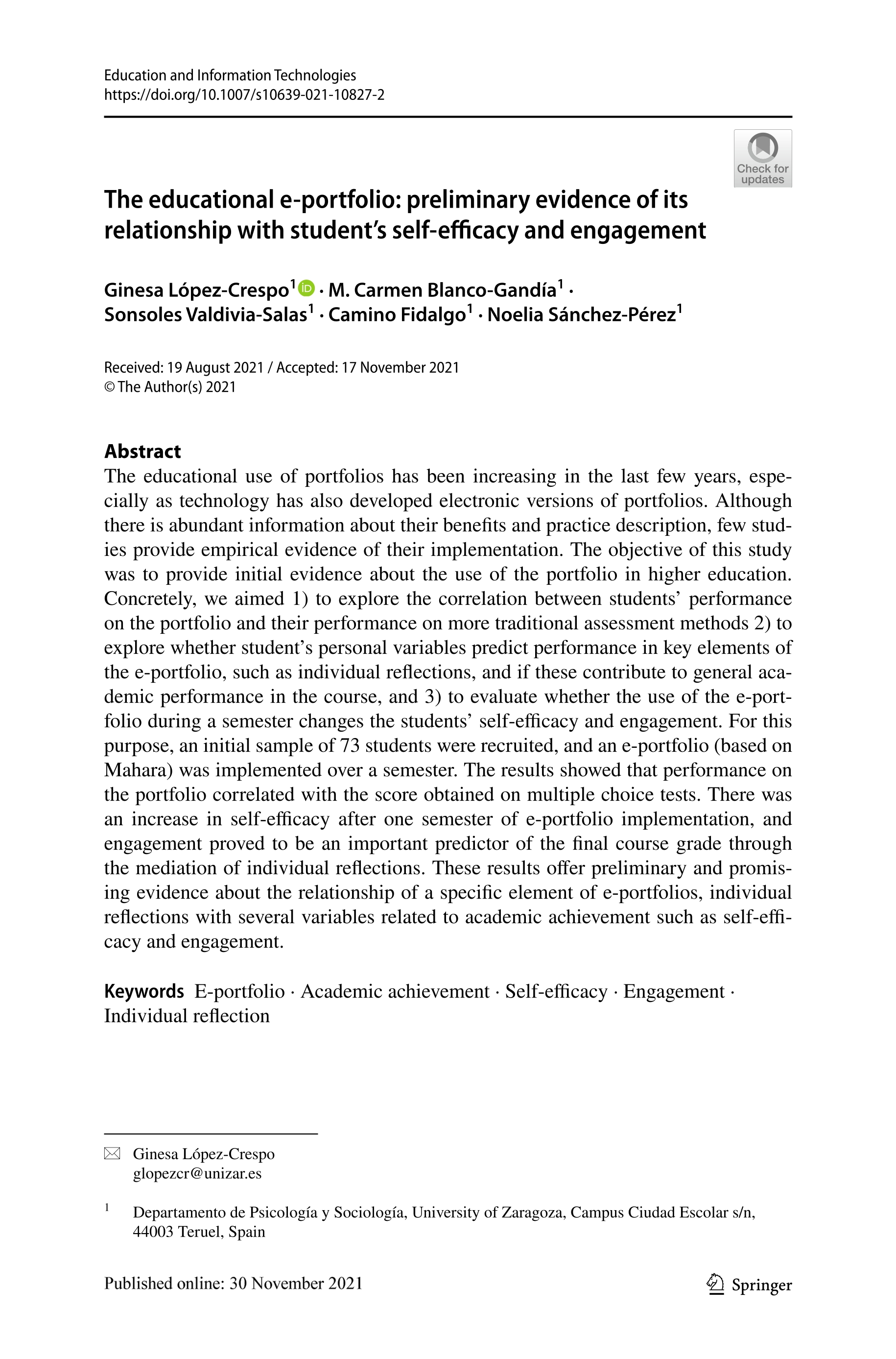 The educational e-portfolio: preliminary evidence of its relationship with student\u2019s self-efficacy and engagement