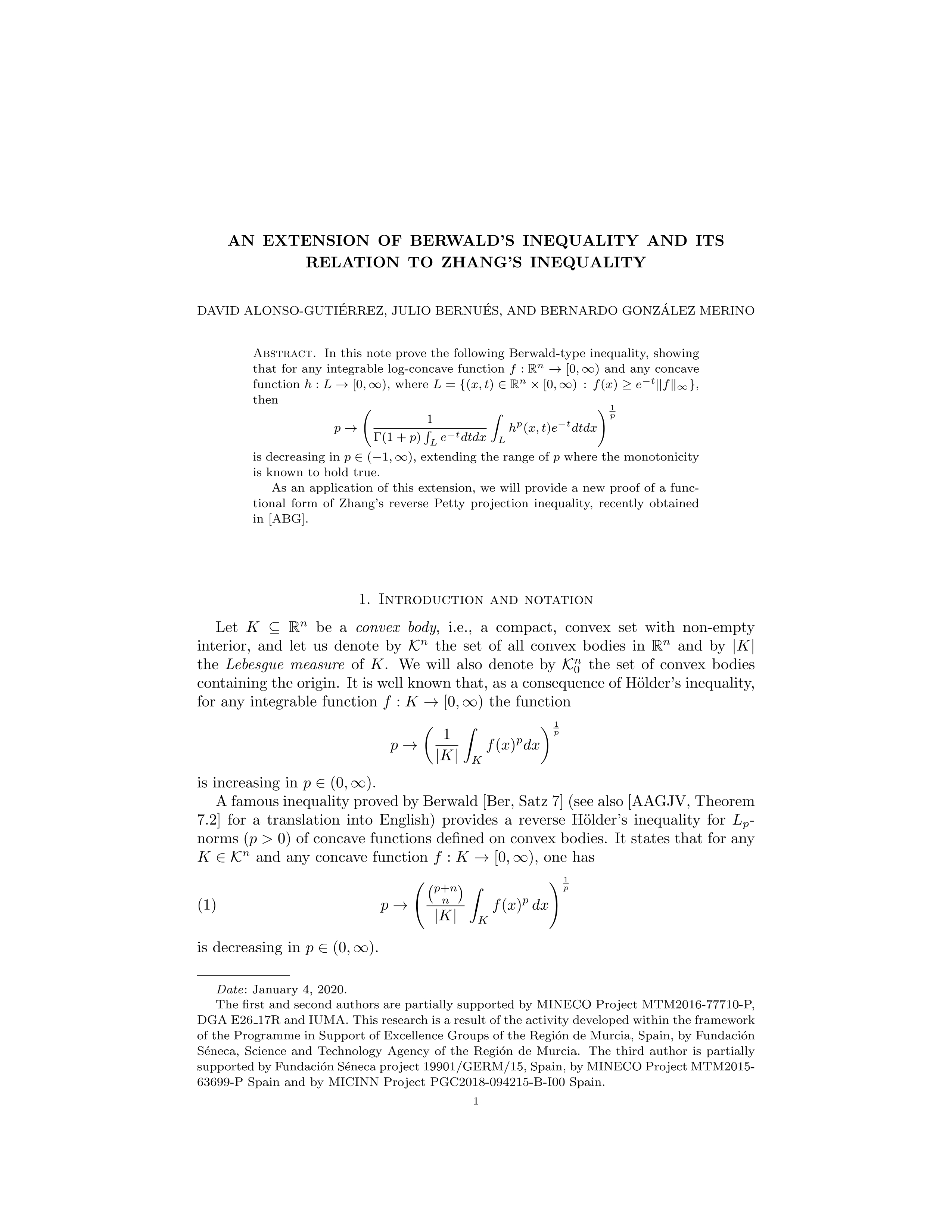 An extension of Berwald's inequality and its relation to Zhang's inequality