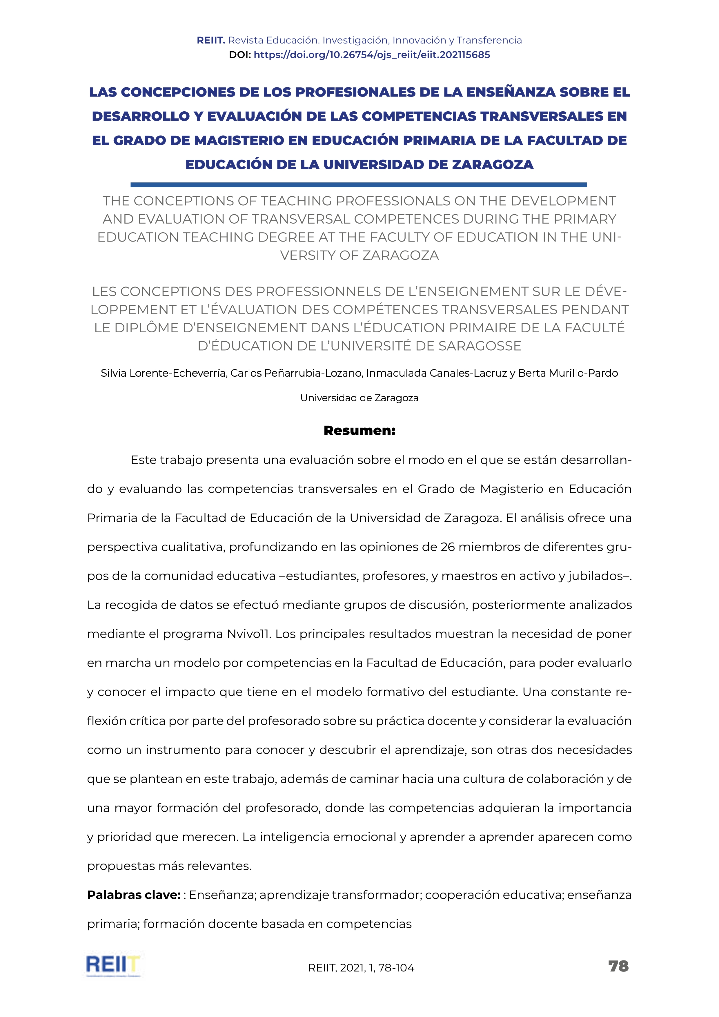 Las concepciones de los profesionales de la enseñanza sobre el desarrollo y evaluación de las competencias transversales en el Grado de Magisterio en Educación Primaria de la Facultad de Educación de Zaragoza