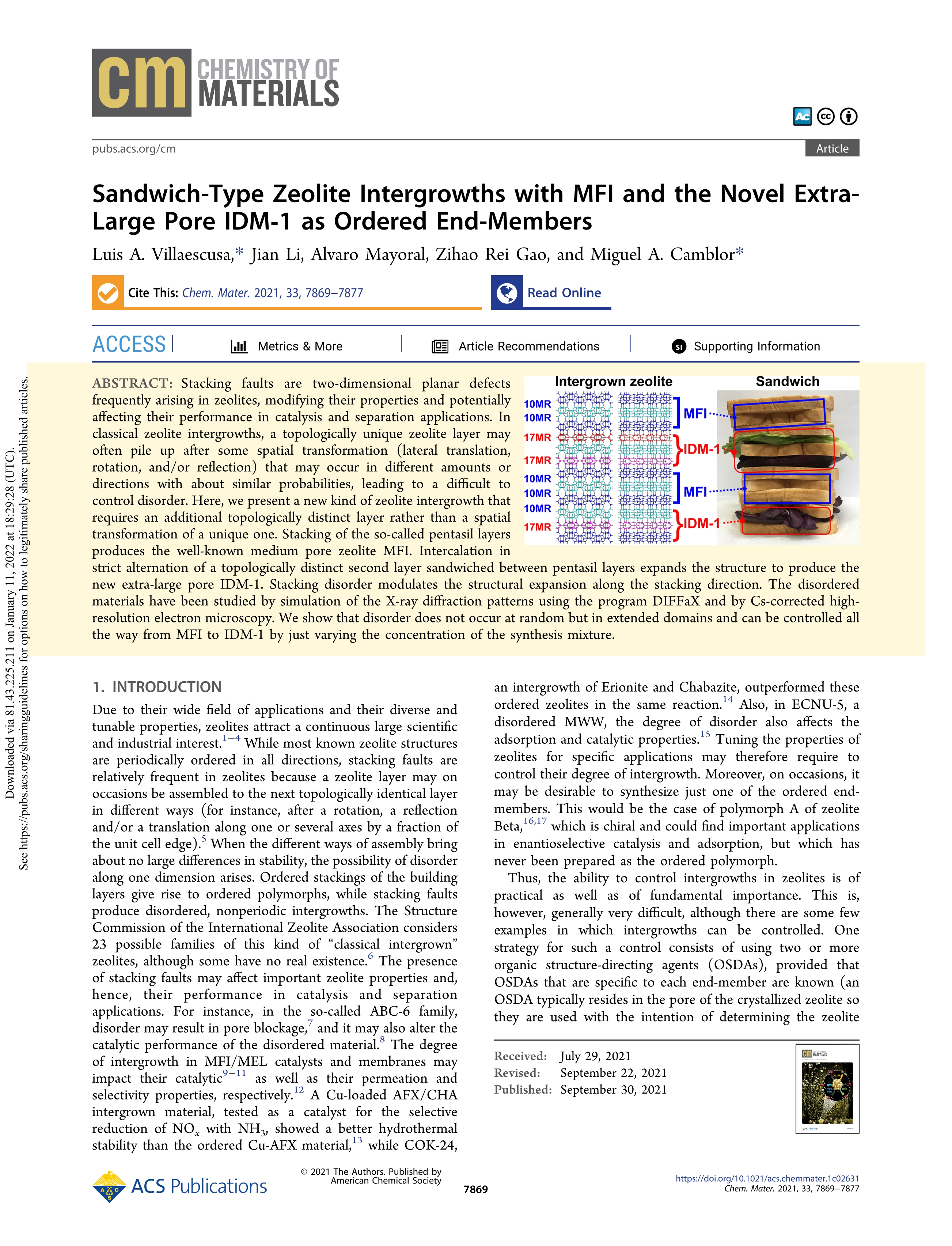 Sandwich-type zeolite intergrowths with MFI and the novel extralarge pore IDM-1 as ordered end-members