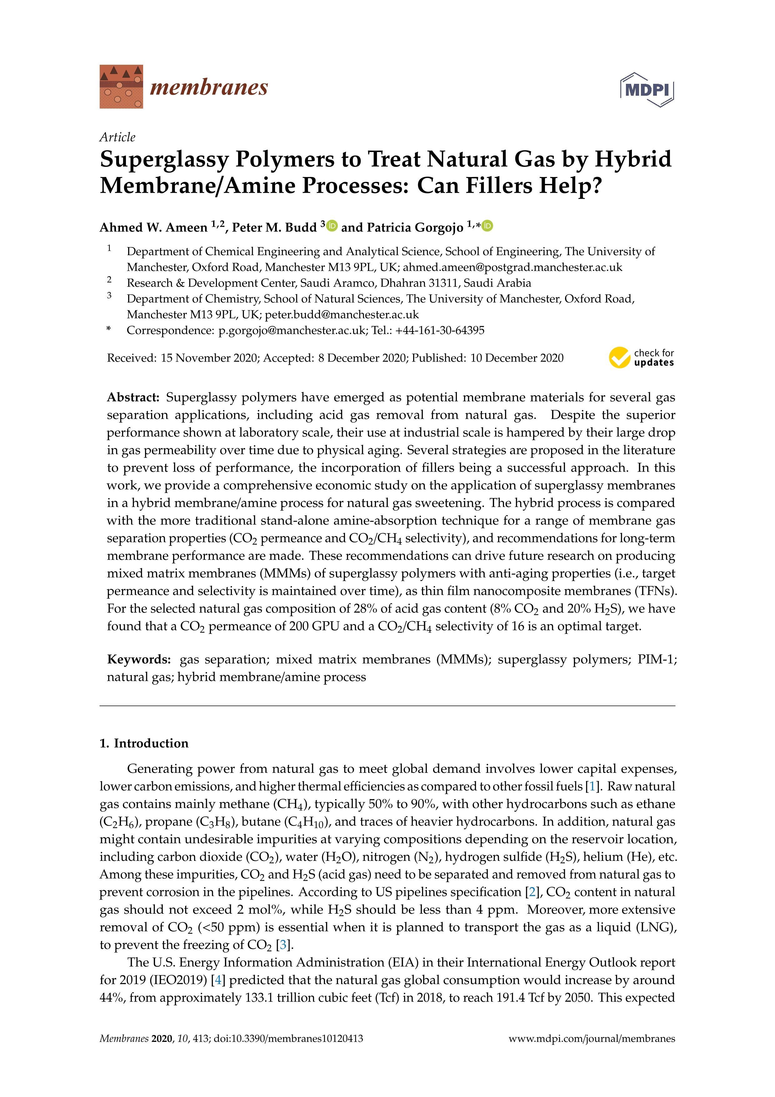 Superglassy polymers to treat natural gas by hybrid membrane/amine processes: can fillers help?