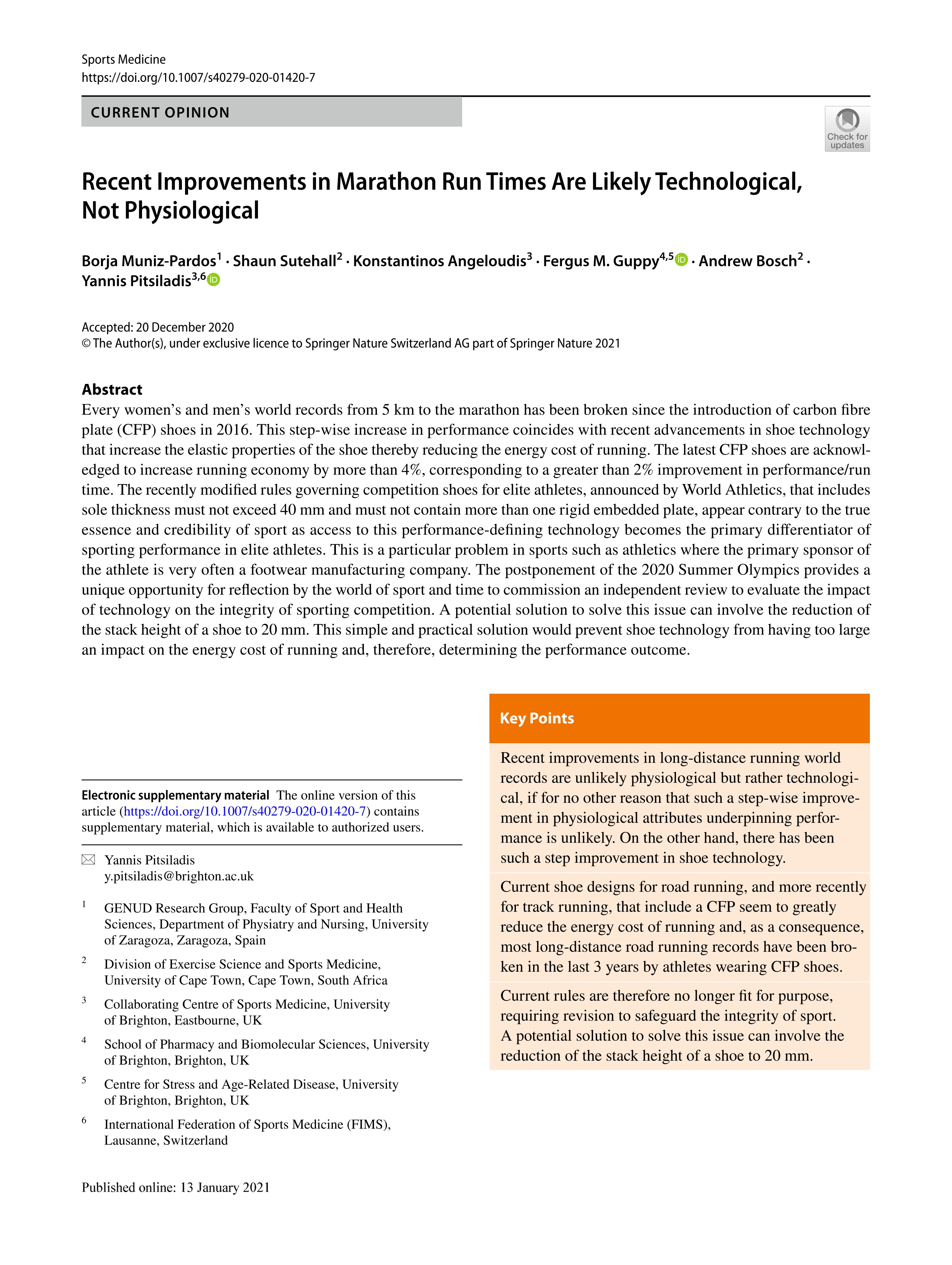 Recent Improvements in Marathon Run Times Are Likely Technological, Not Physiological