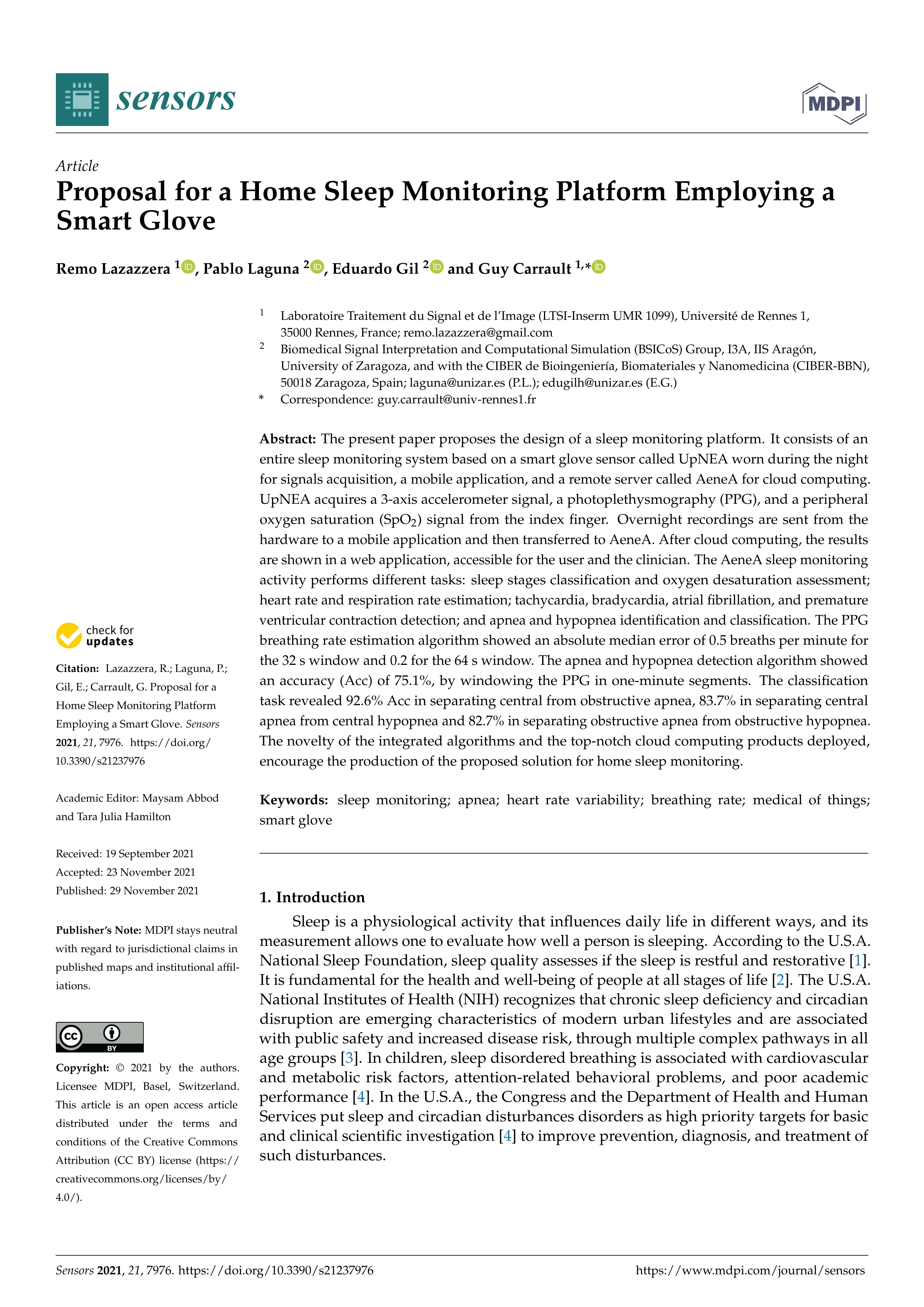 Proposal for a home sleep monitoring platform employing a smart glove