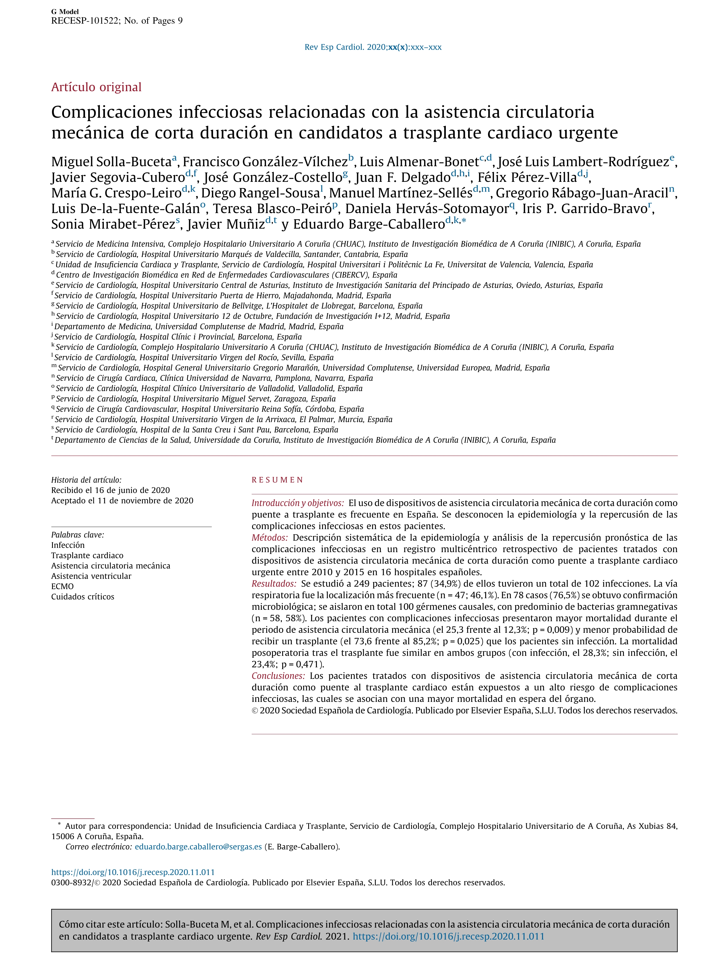 Complicaciones infecciosas relacionadas con la asistencia circulatoria mecánica de corta duración en candidatos a trasplante cardiaco urgente