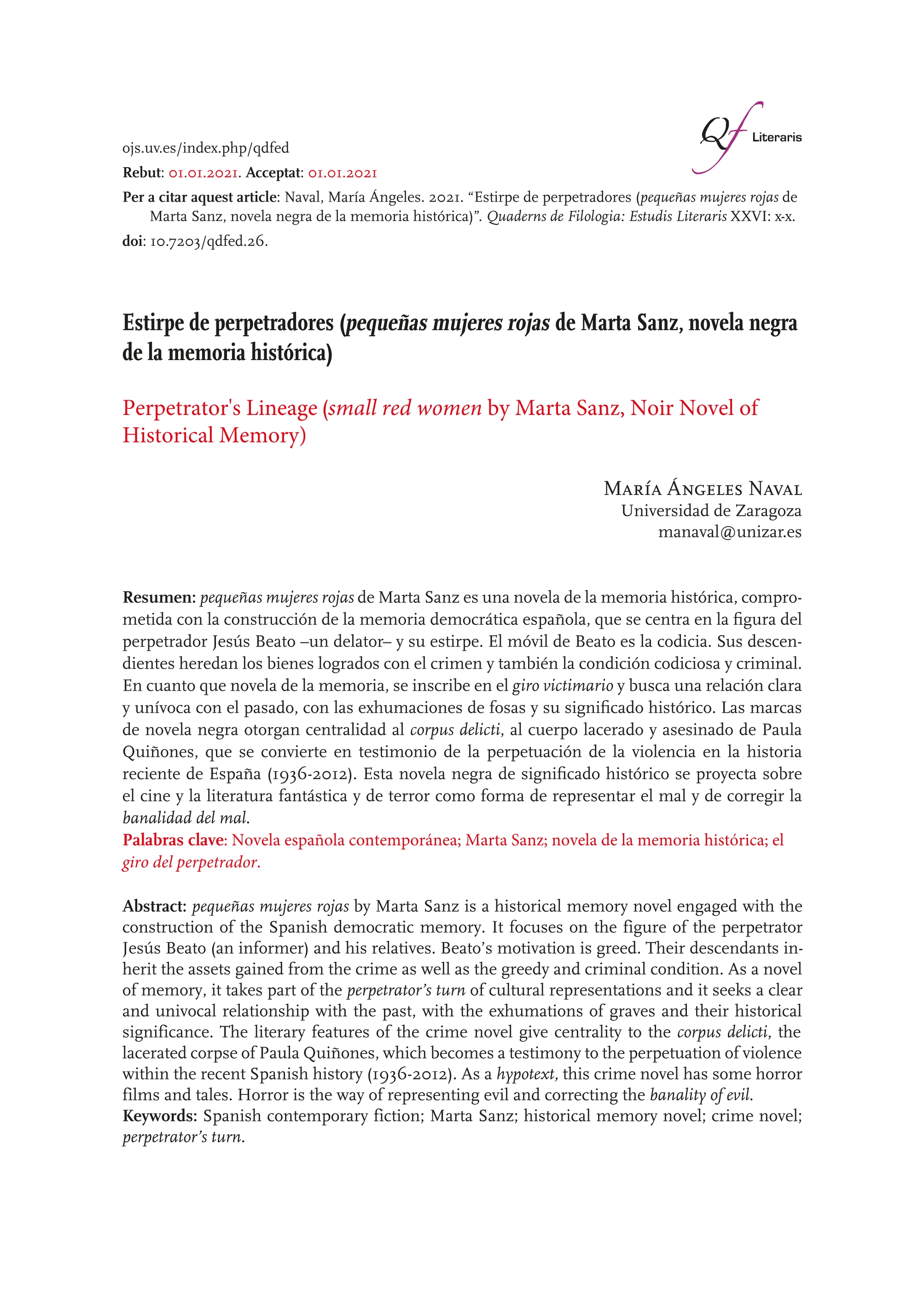 Estirpe de perpetradores (pequeñas mujeres rojas de Marta Sanz, novela negra de la memoria histórica)