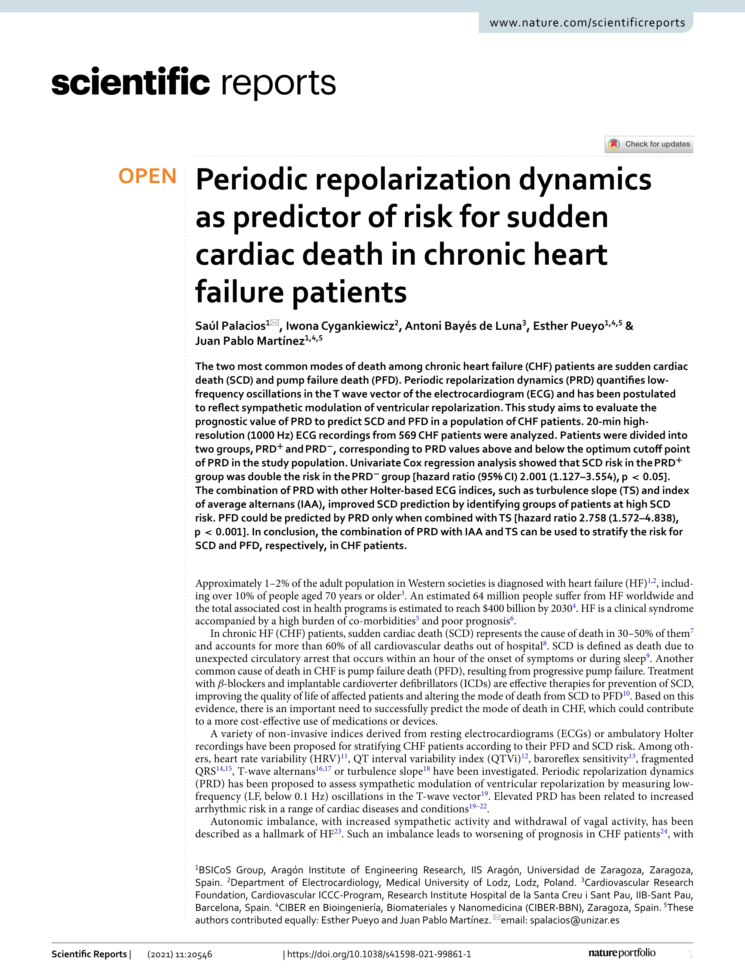 Periodic repolarization dynamics as predictor of risk for sudden cardiac death in chronic heart failure patients