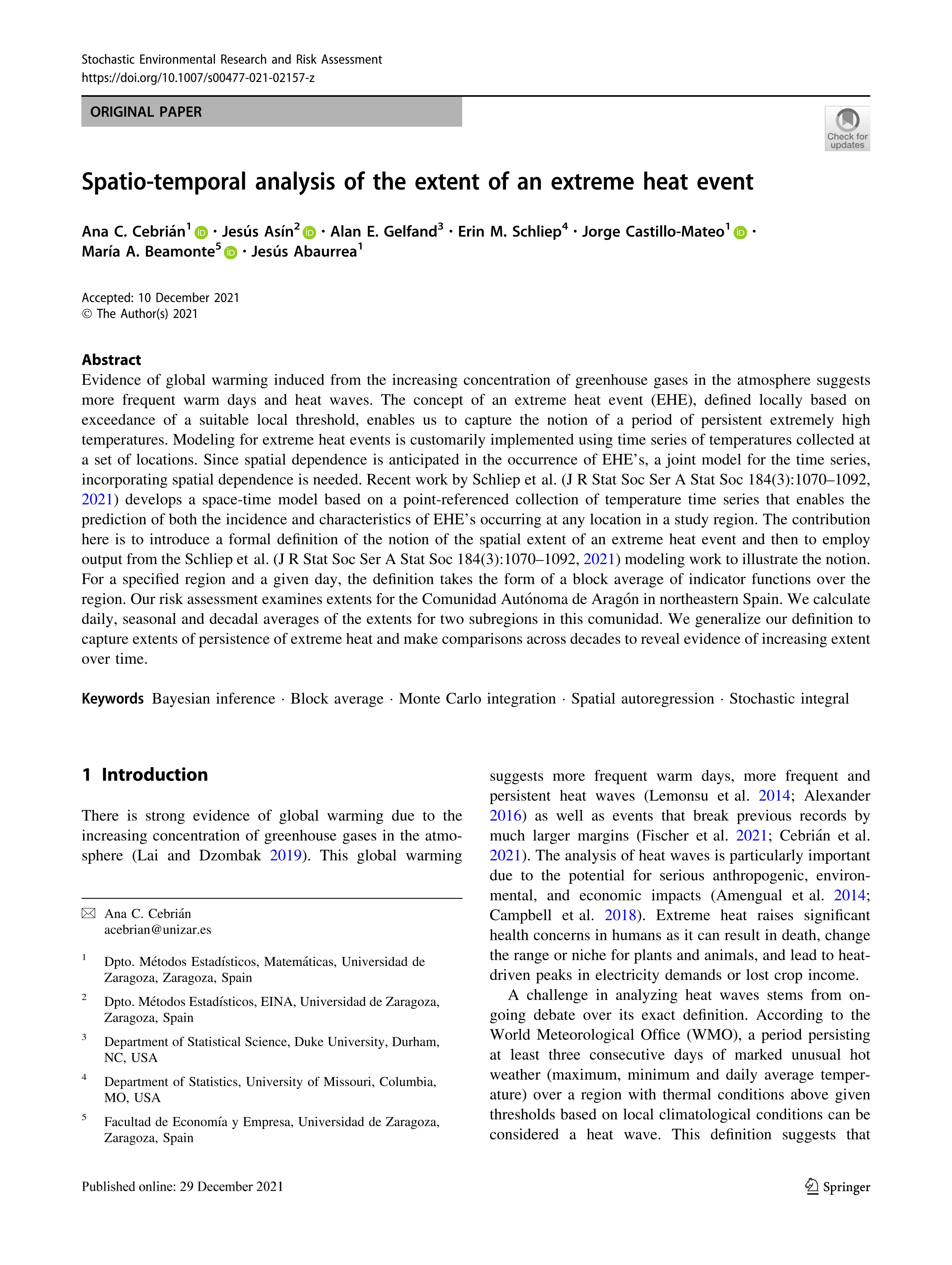 Spatio-temporal analysis of the extent of an extreme heat event