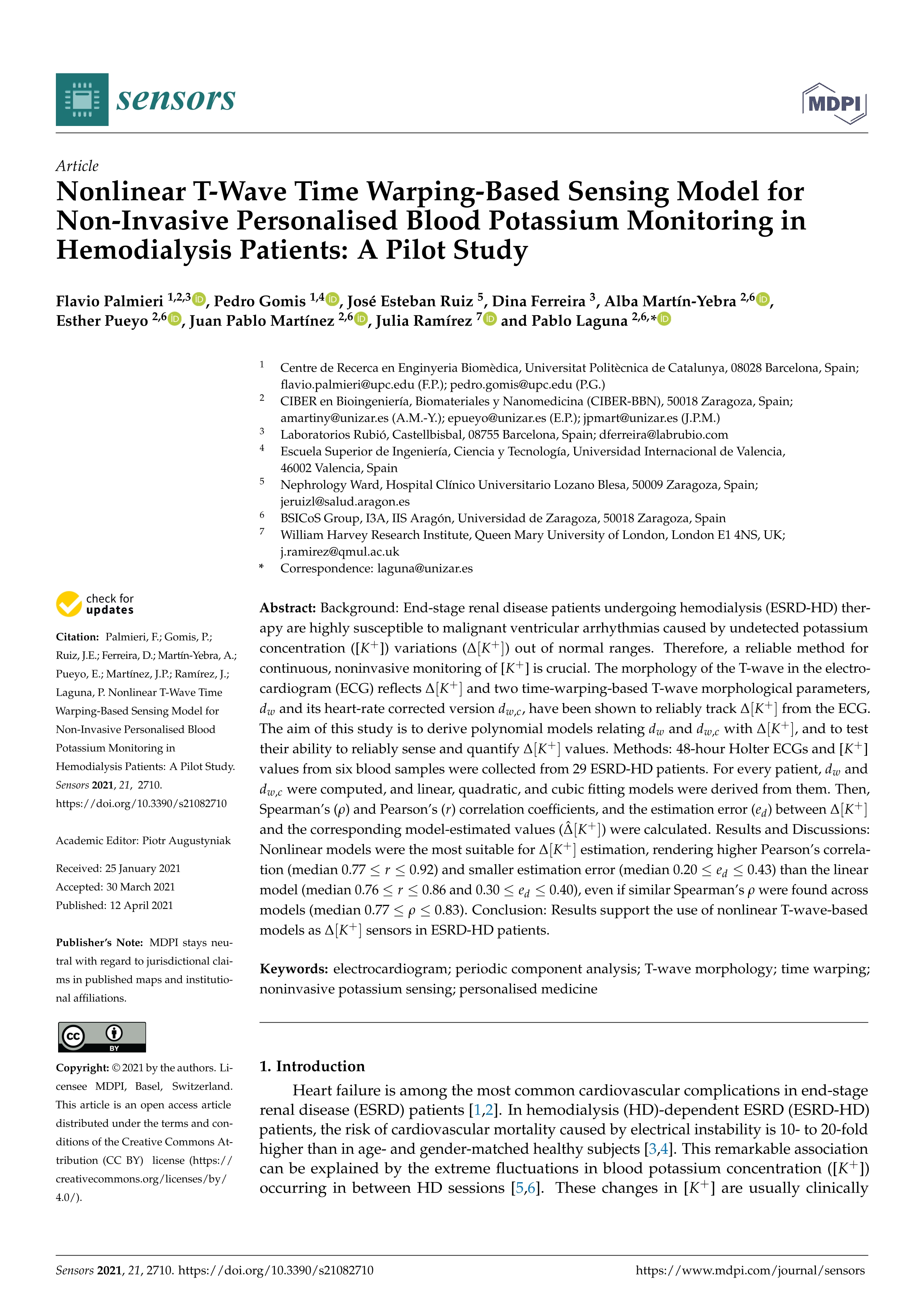 Nonlinear T-Wave Time Warping-Based Sensing Model for Non-Invasive Personalised Blood Potassium Monitoring in Hemodialysis Patients: A Pilot Study